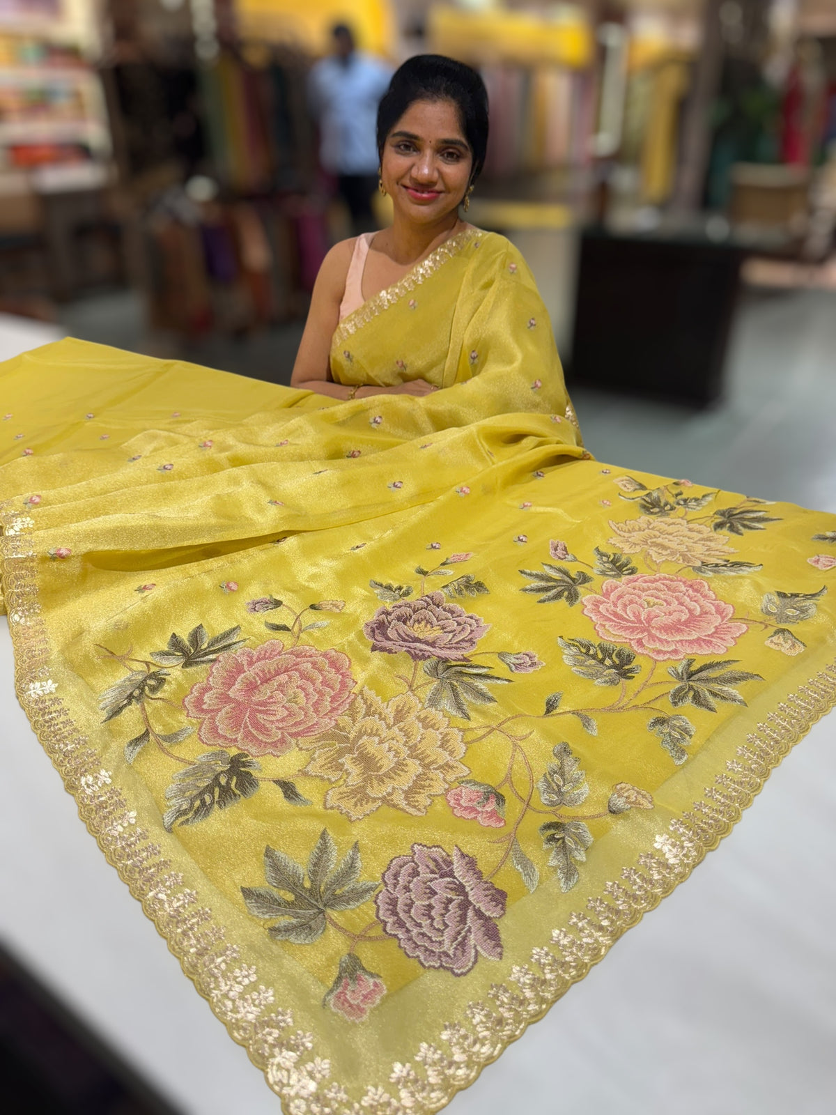 Lime Yellow Tissue Georgette Saree with petite point emb