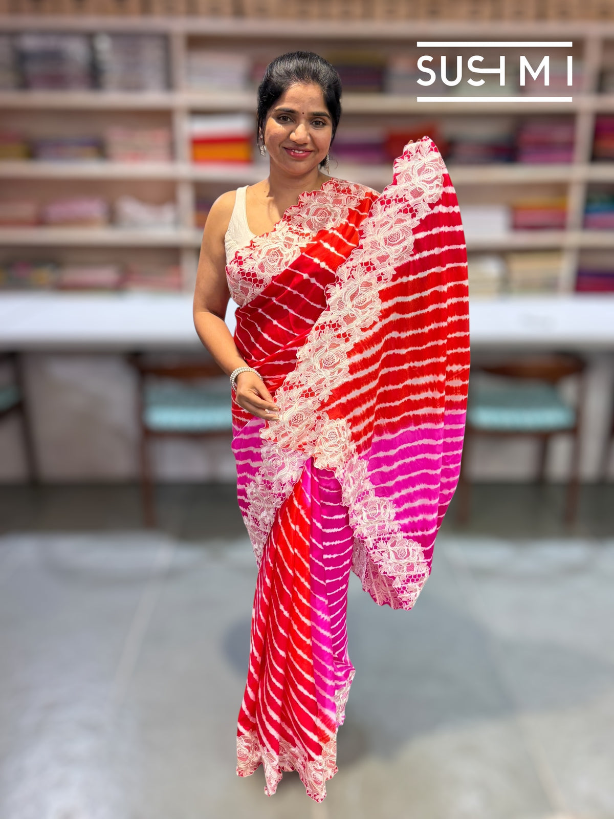 Orange and Pink Ombre dyed habutai satin Silk lehariya Saree S62F063