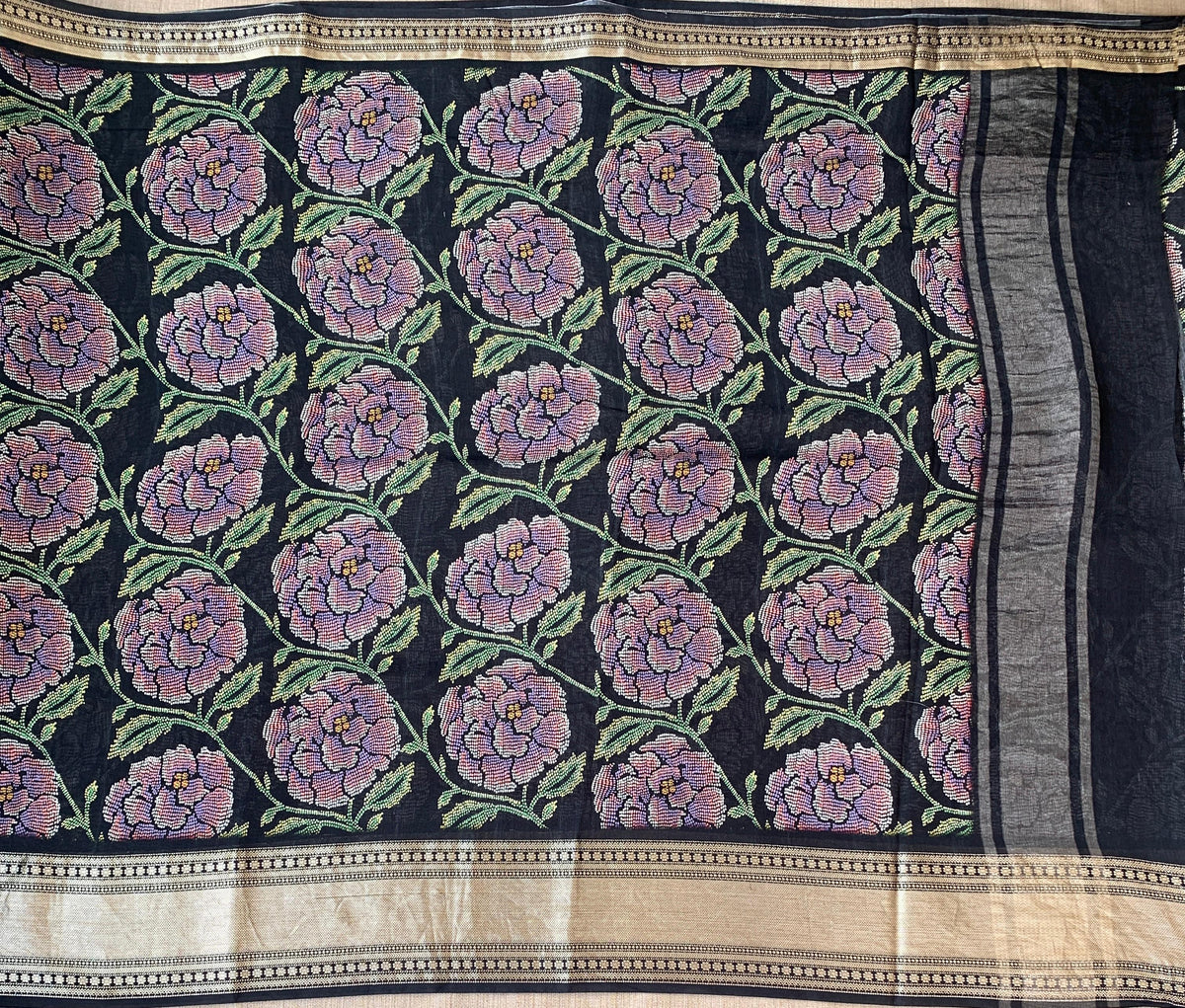 Black Pure Handloom Chiniya Silk Saree with stunning Floral Print and zari borders