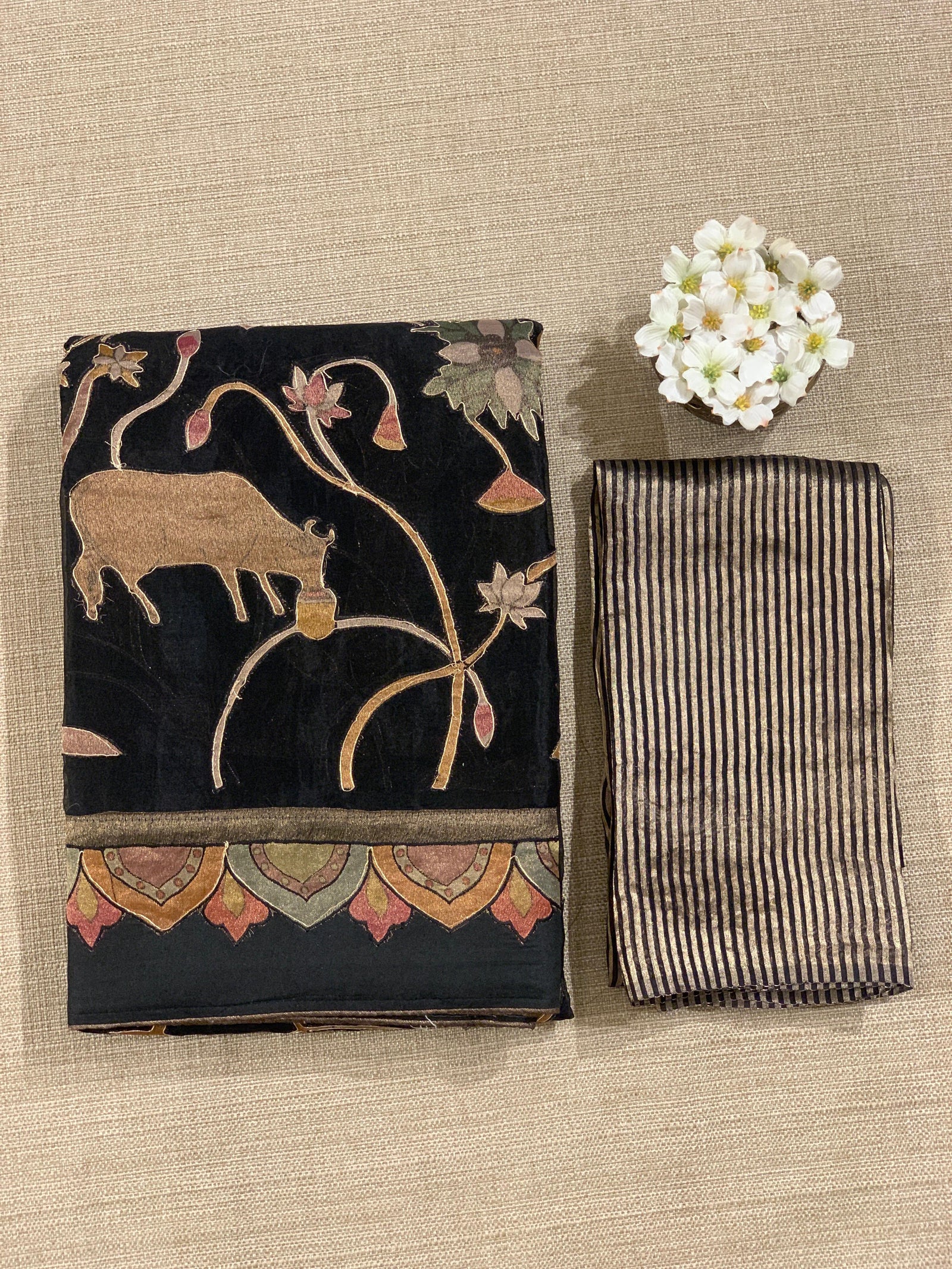 Black Designer Organza Saree with Stunning Tissue Applique work Saree with Village theme