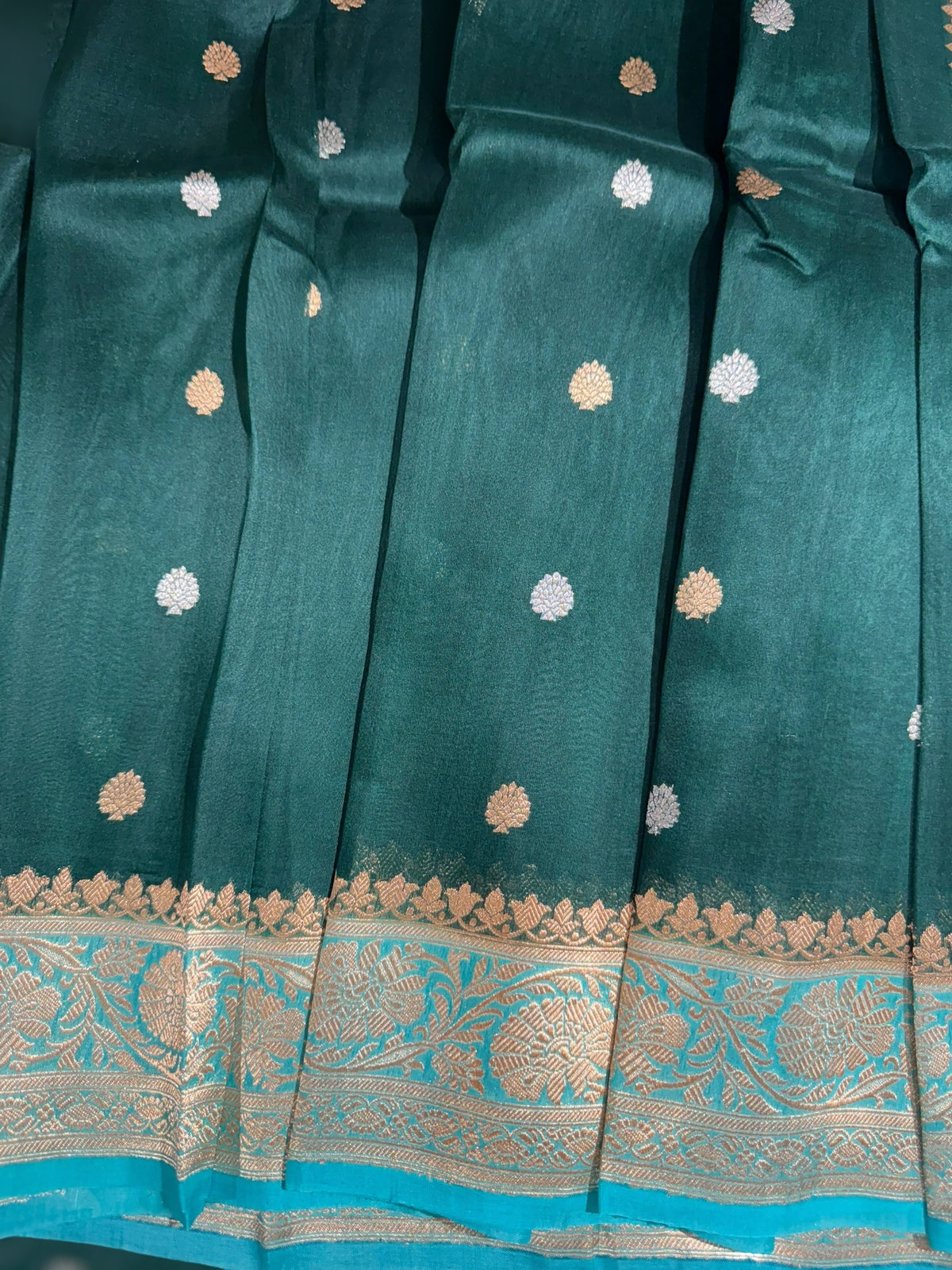 Forest Green & Teal Pure Handloom premium Kora Banarasi Saree