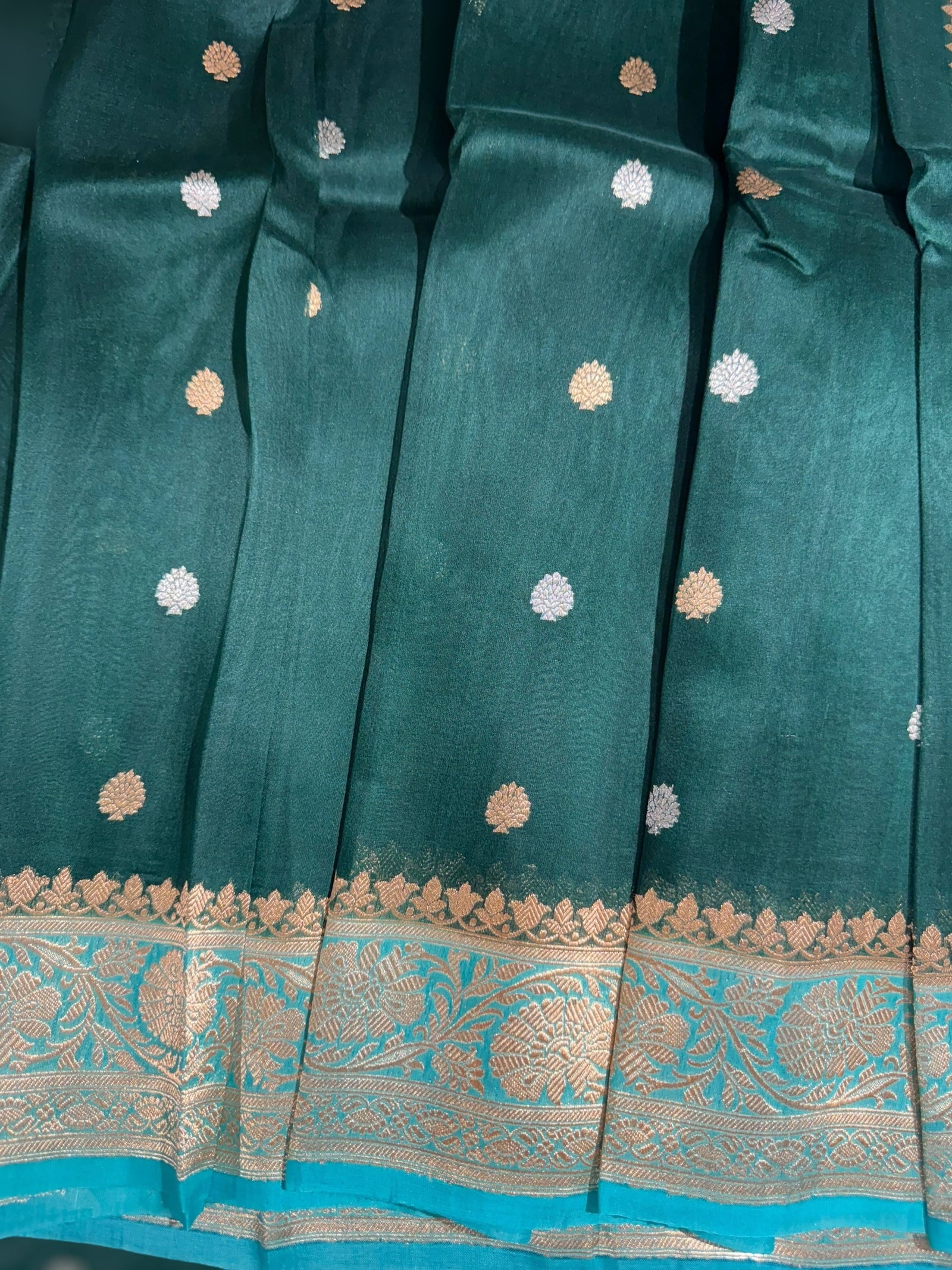 Forest Green & Teal Pure Handloom premium Kora Banarasi Saree