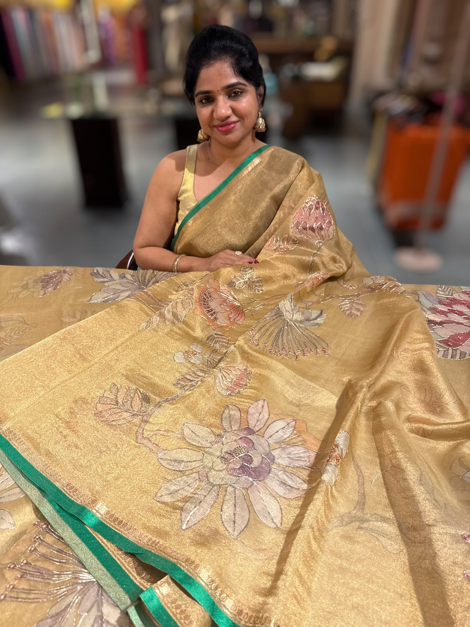 Gold Printed Banarasi Tissue with Handwork
