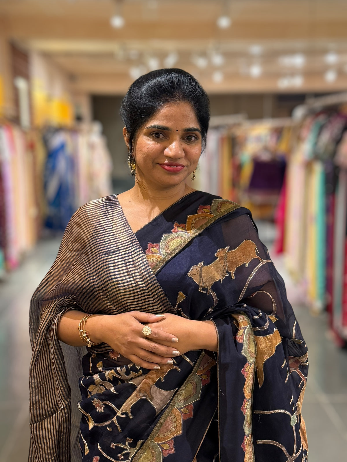 Midnight Blue Designer Organza Saree with Stunning Tissue Applique work Saree with Village theme