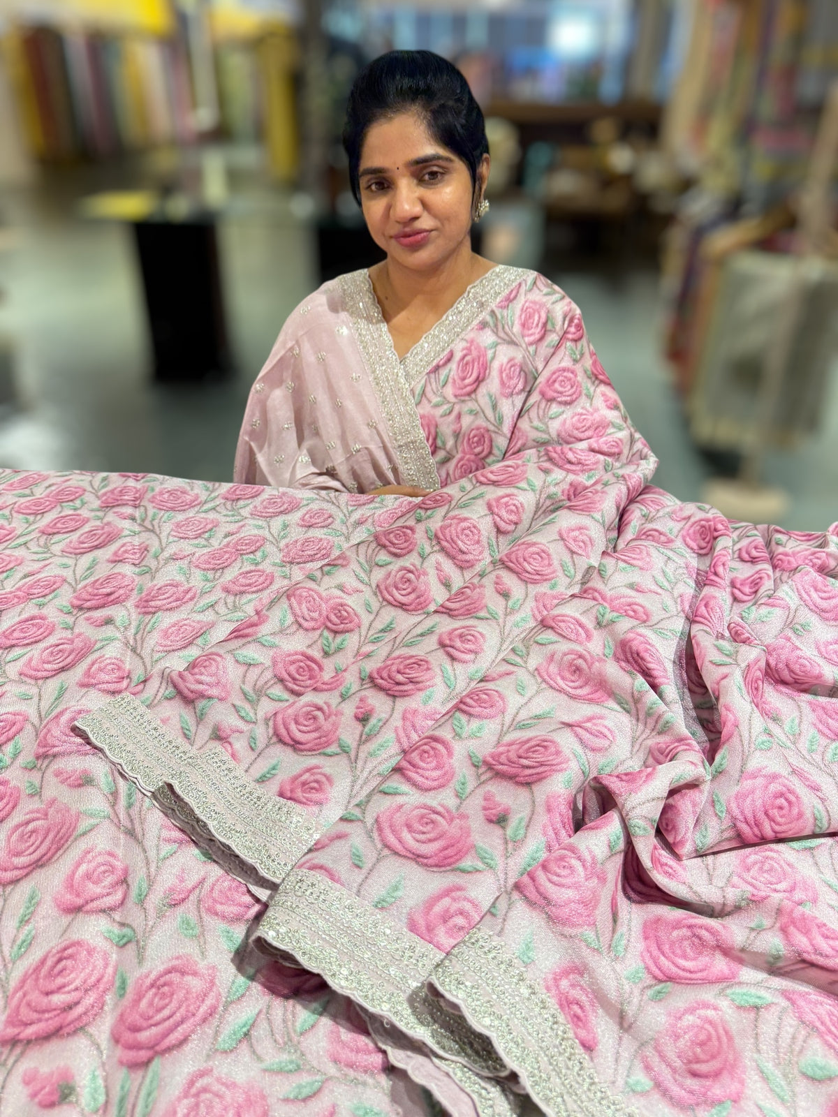 Light Rose Tissue Georgette Saree