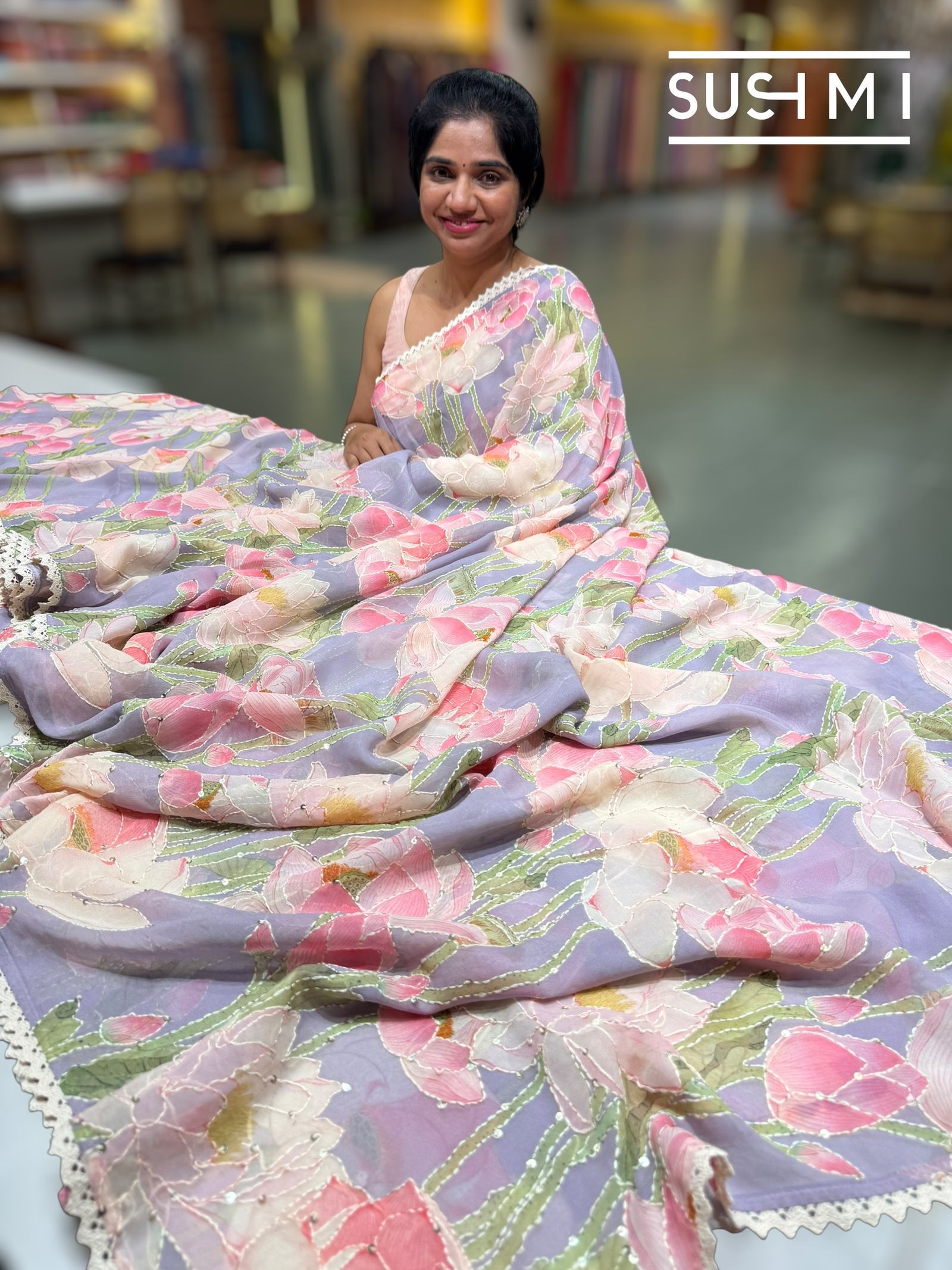 Lilac printed georgette saree with handwork : S62F197