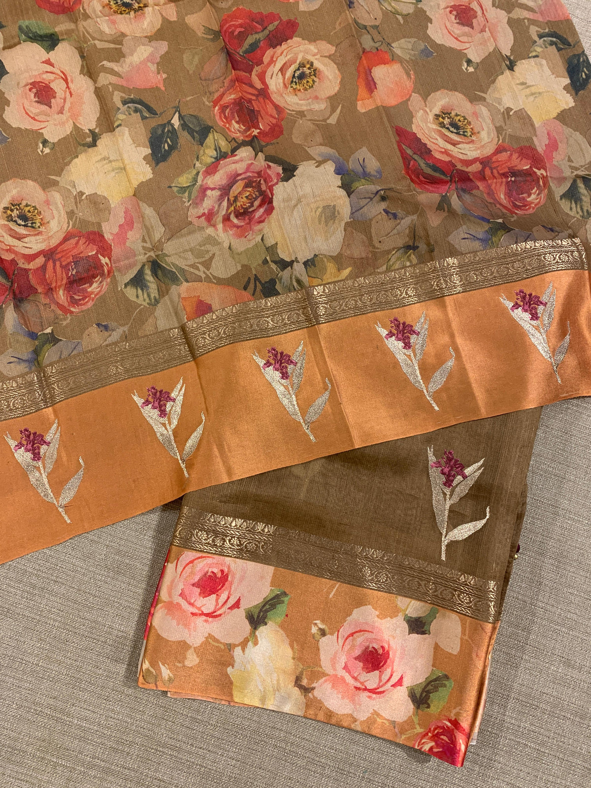 Light Brown Tussar Dhupion Saree with Floral printed mashru borders