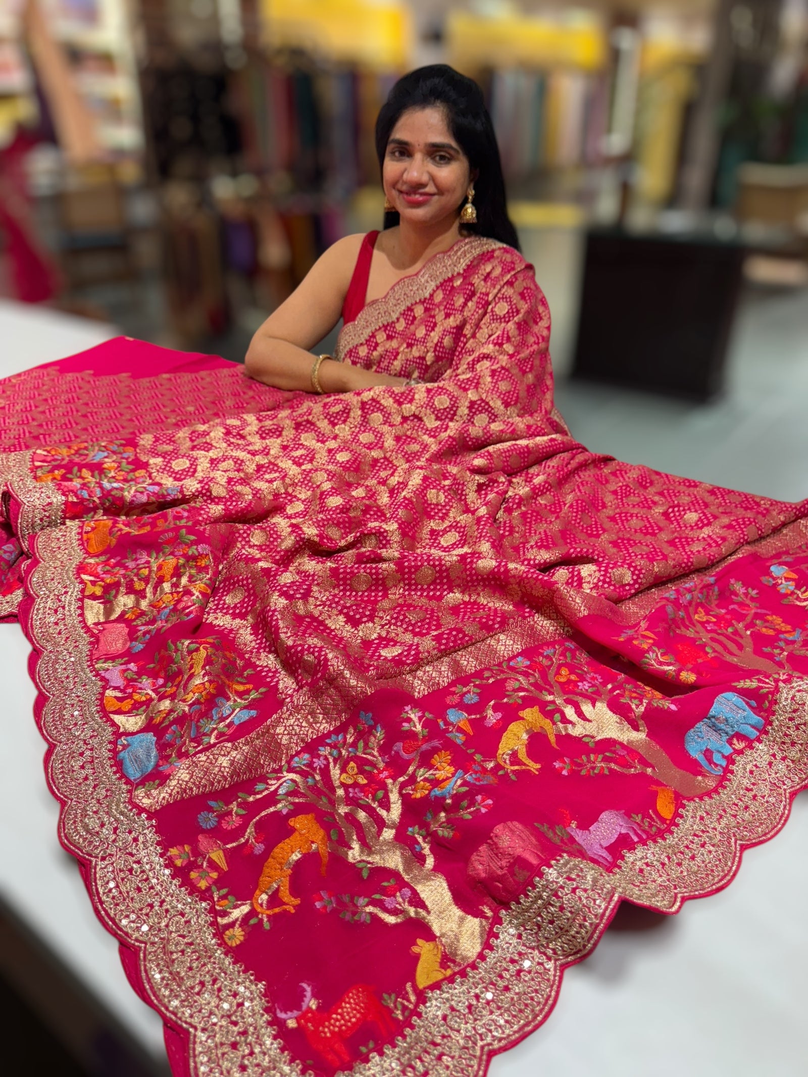 Reddish pink  Bandhini Georgette Saree with sabya style scallop border