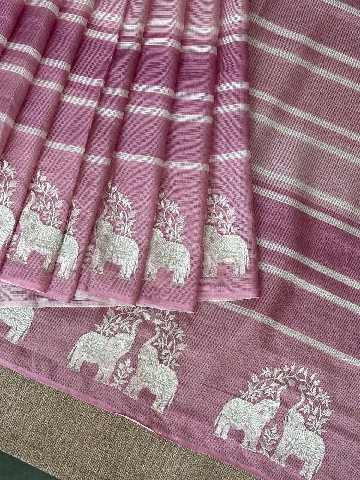 Dusty Pink Designer Silk kota saree with elephant embroidered border