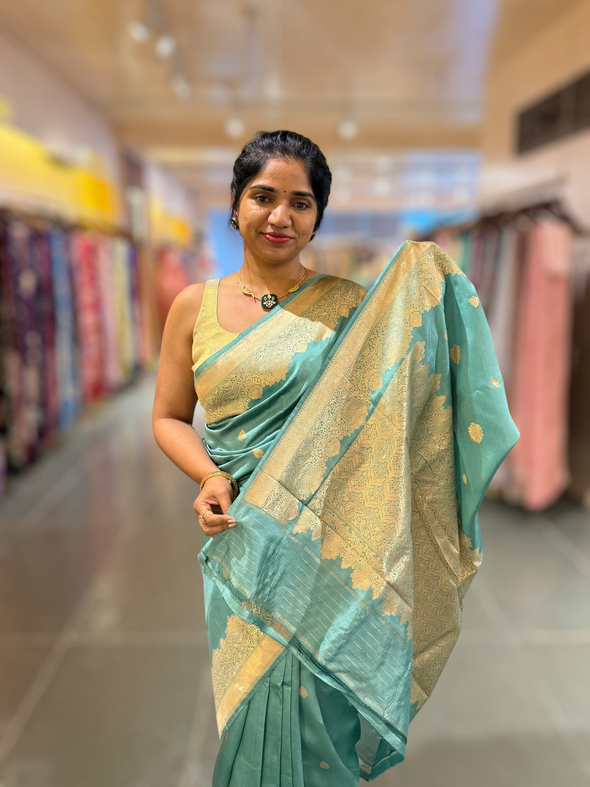 Dusty Blue Poona Silk Saree with double borders