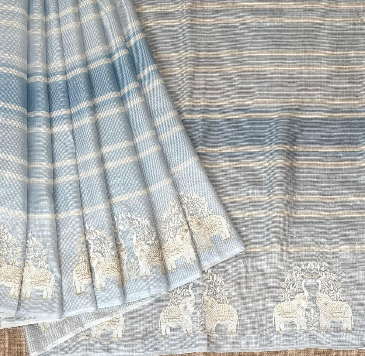 Dusty Blue Designer Silk kota saree with elephant embroidered border