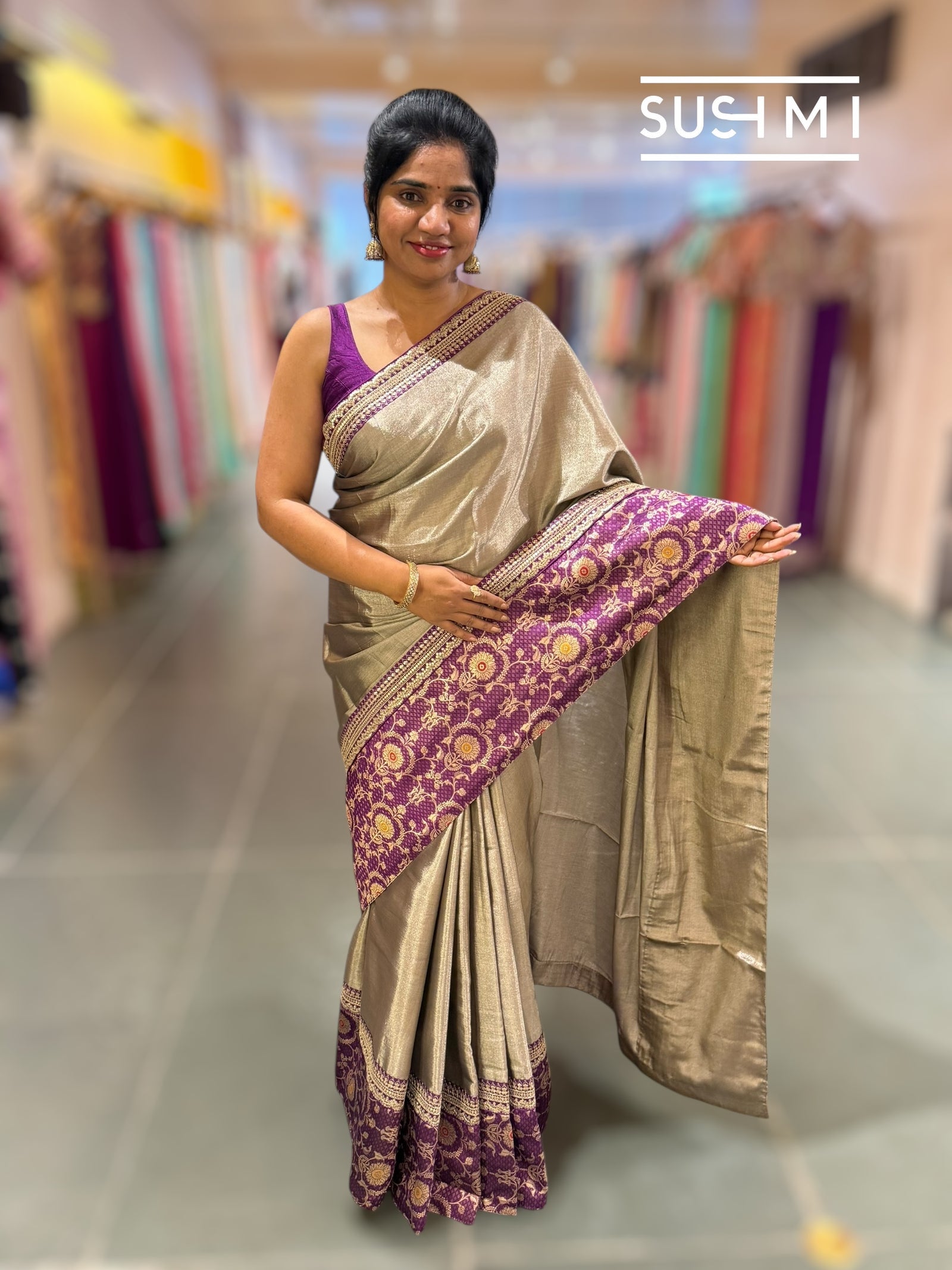 Greyish Silver tissue saree with banarasi and sabhyasachi borders : S62121