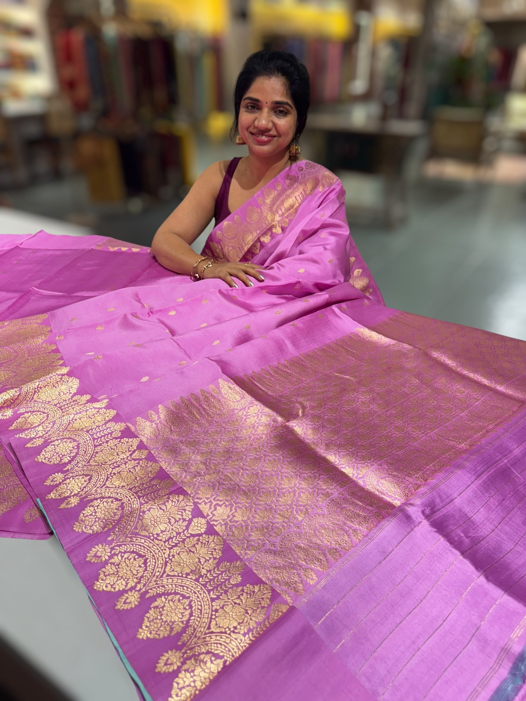 Lotus Pink Raw Mangoe Silk Saree with heavy weaving Mashru Open Border