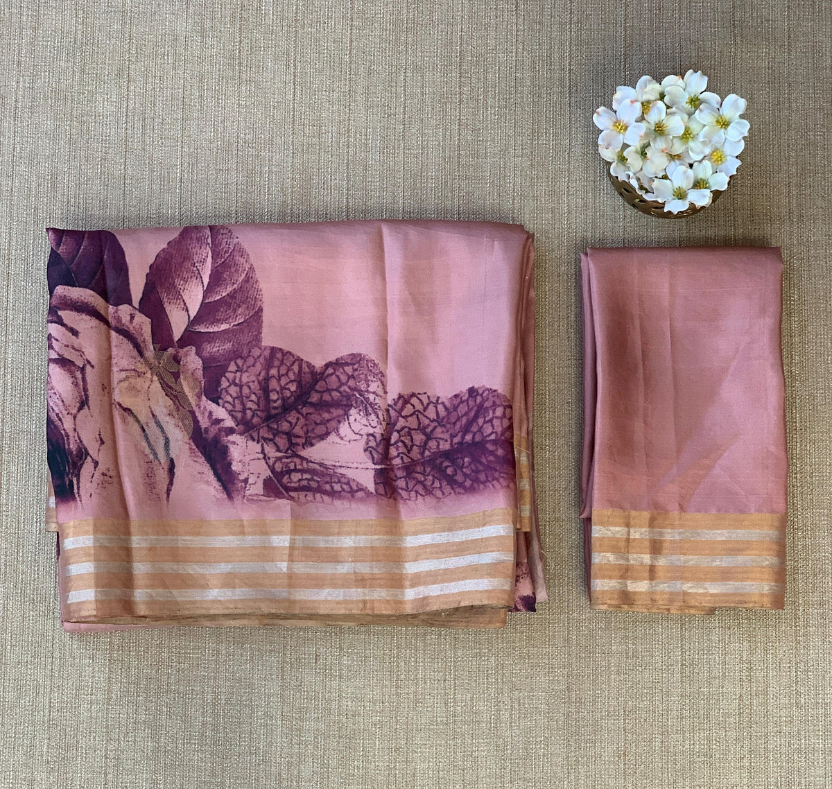 Onion Pink Printed Kanchi Soft Silk Saree with Bold Rose Flower Print.