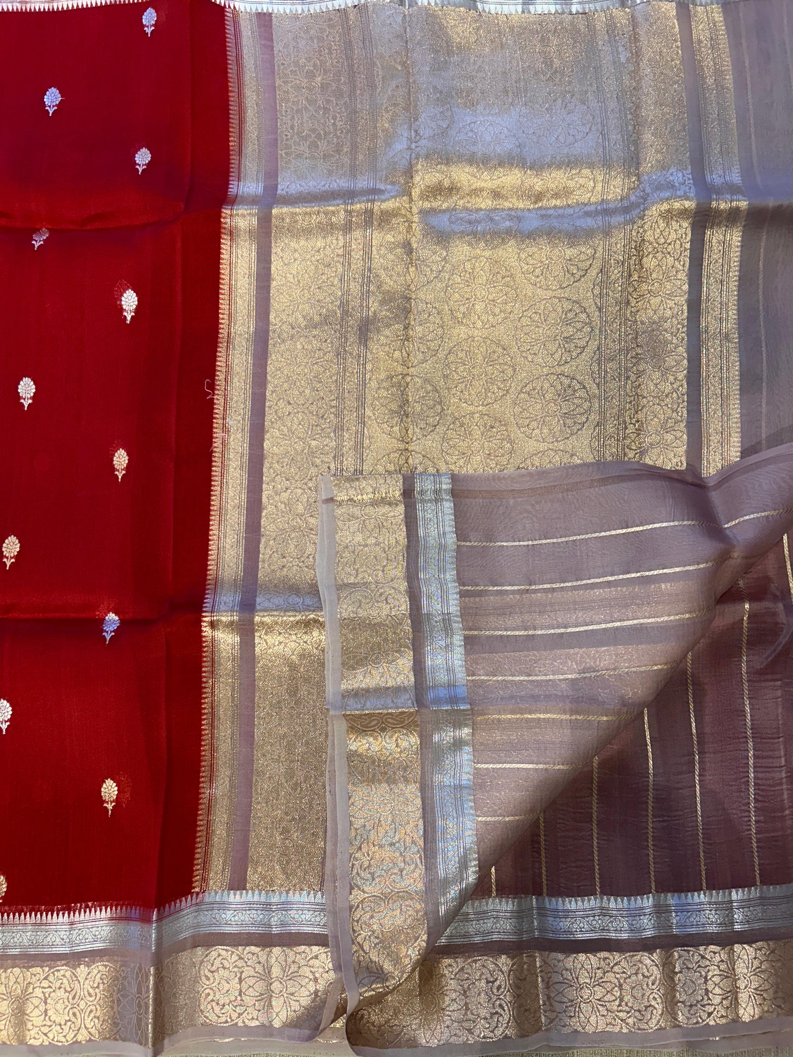 Red and lilac Combo Pure Handloom premium Kora Banarasi Saree