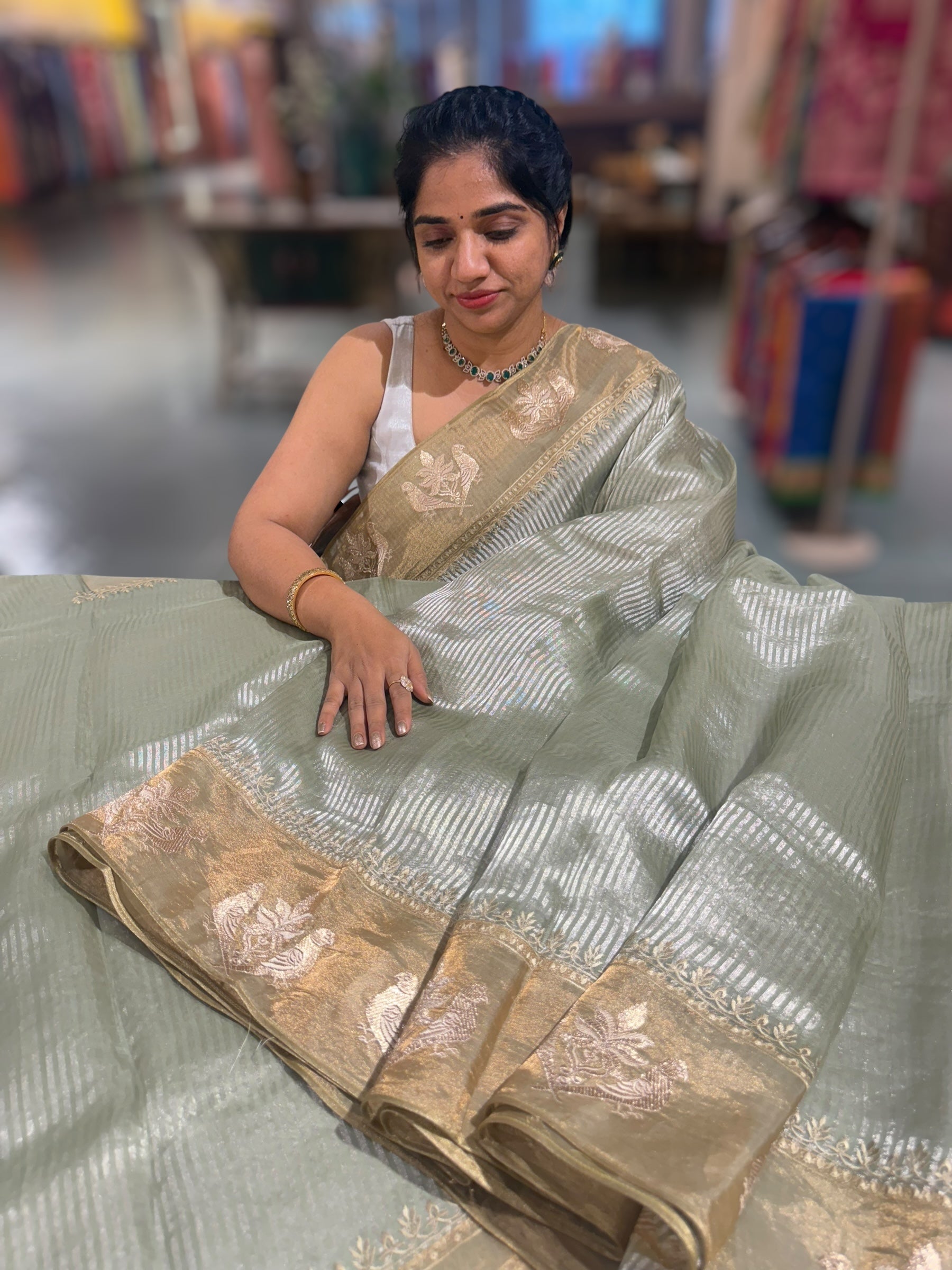 Mint Kora tissue silver stripes Saree with double parrot  embroidered tissue border