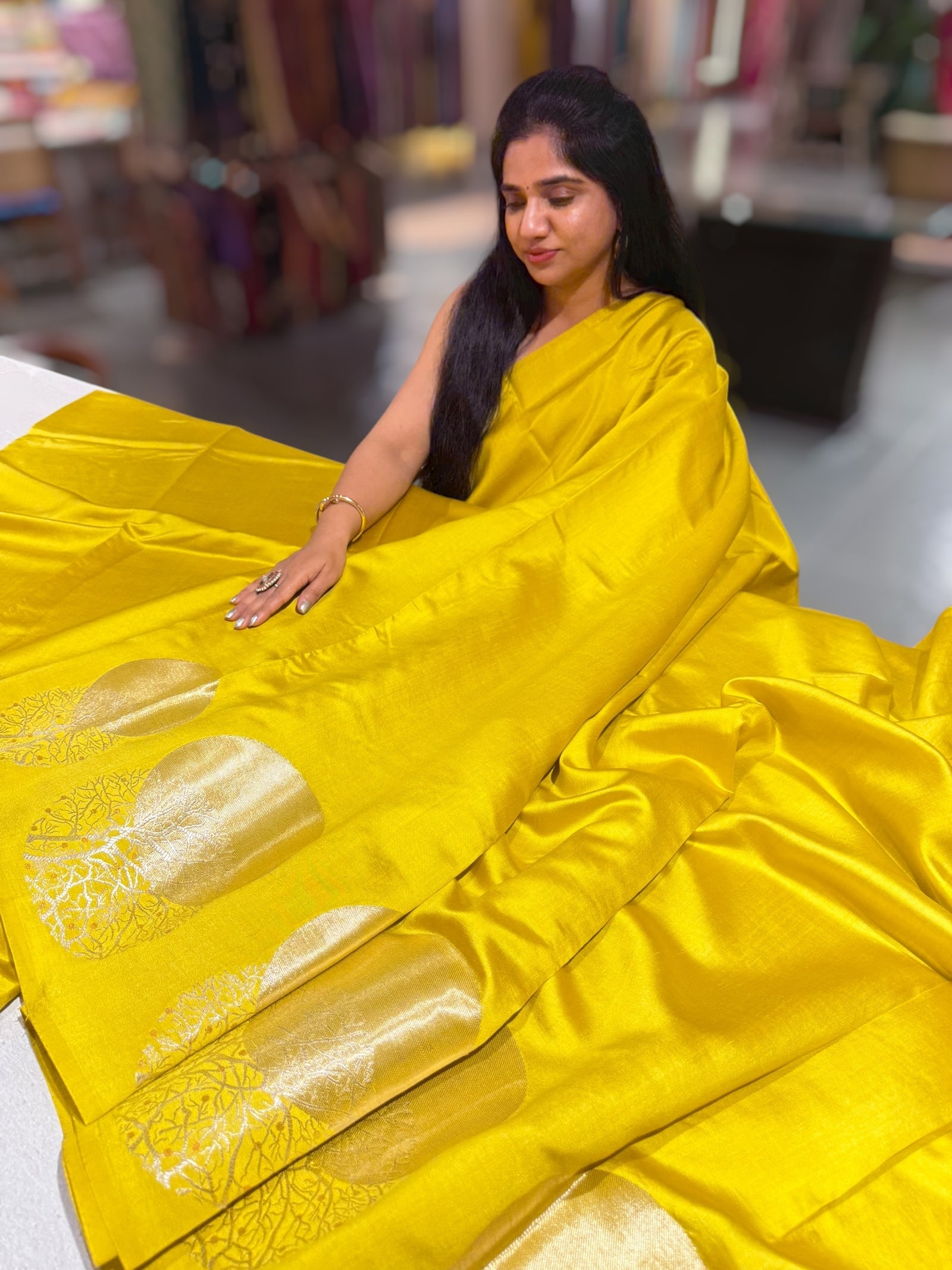 Lime Yellow Banarasi Chiniya Silk with contemporary Borders