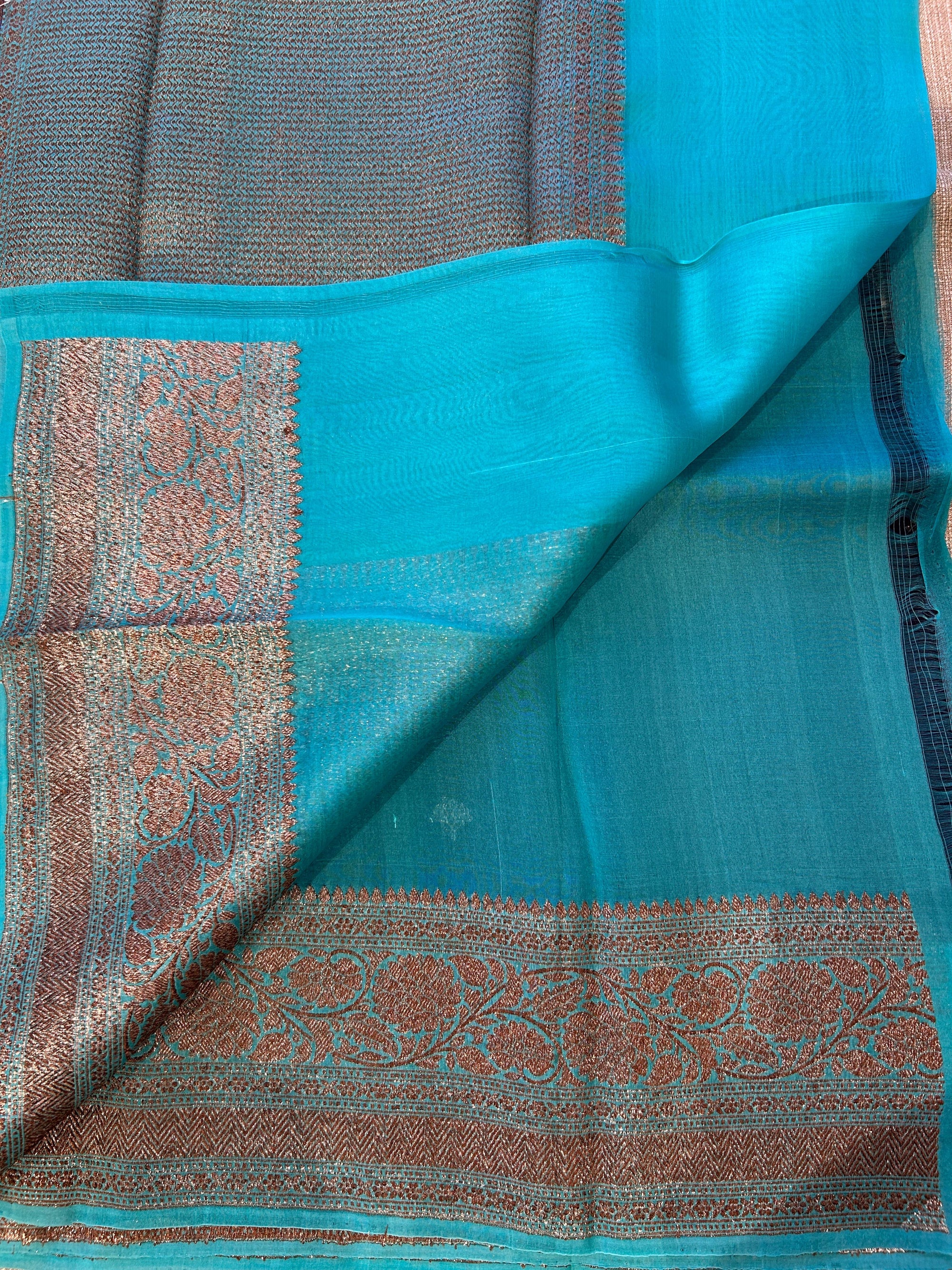 Purplish navy with blue Combo Pure Handloom premium Kora Banarasi Saree