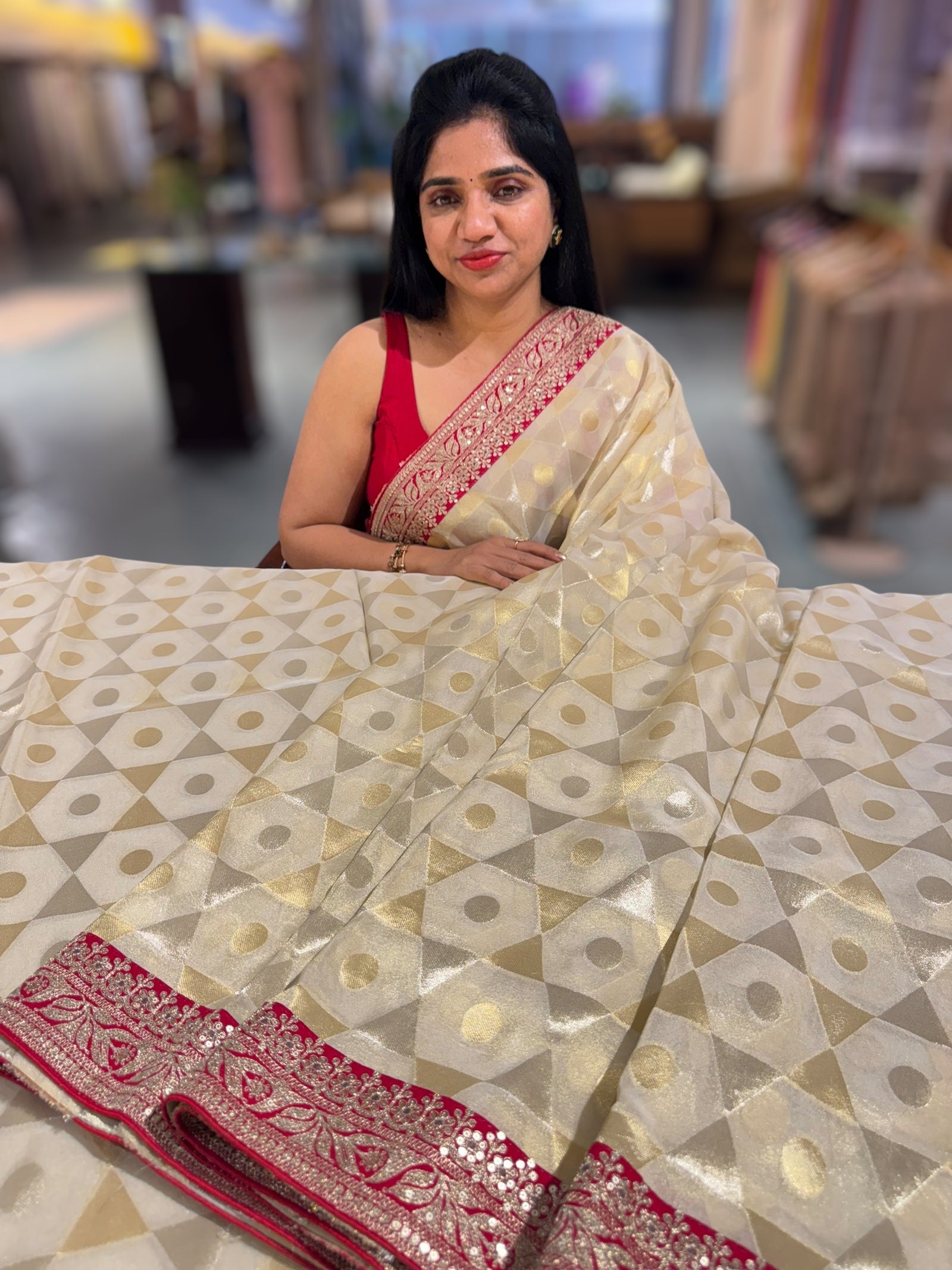 Beige Tissue Saree with Sabhyasachi borders