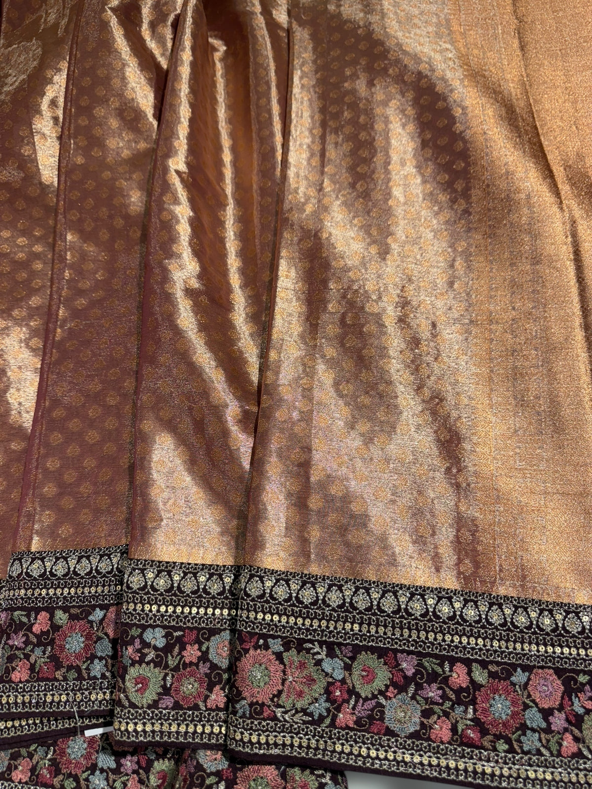 Copper Banarasi brocade tissue saree with sabhya borders