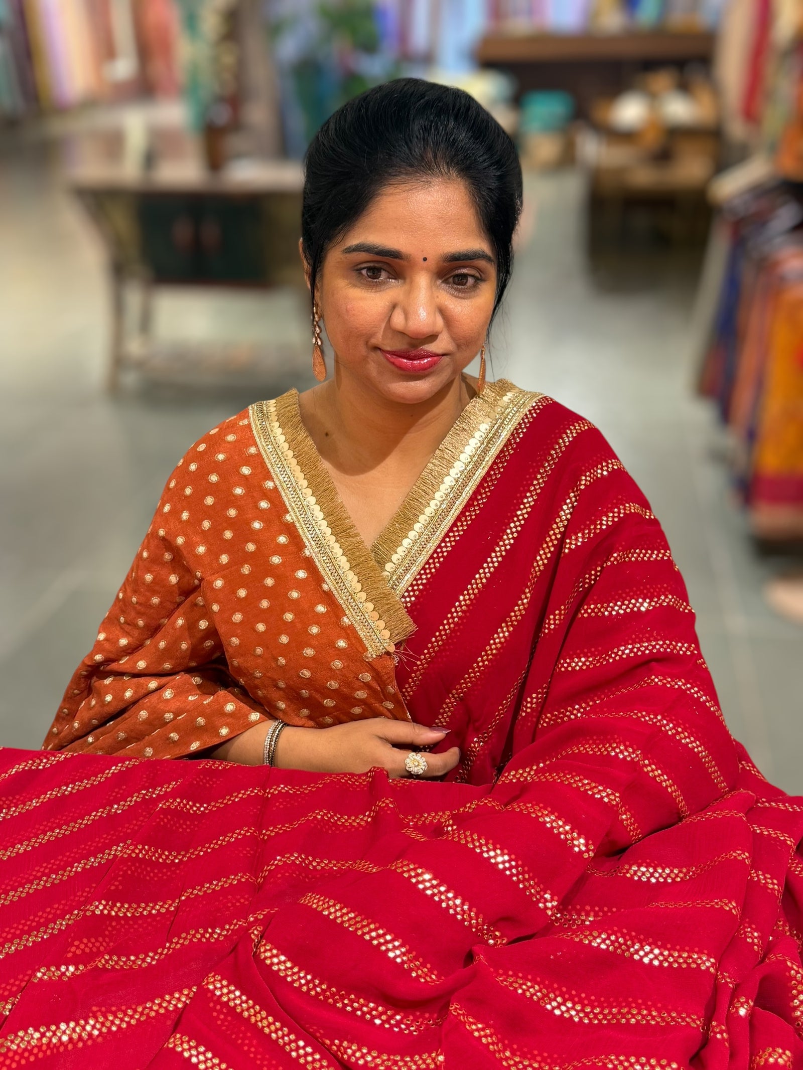 Dark Red Georgette Saree with badla sequnce stripes: S62F074