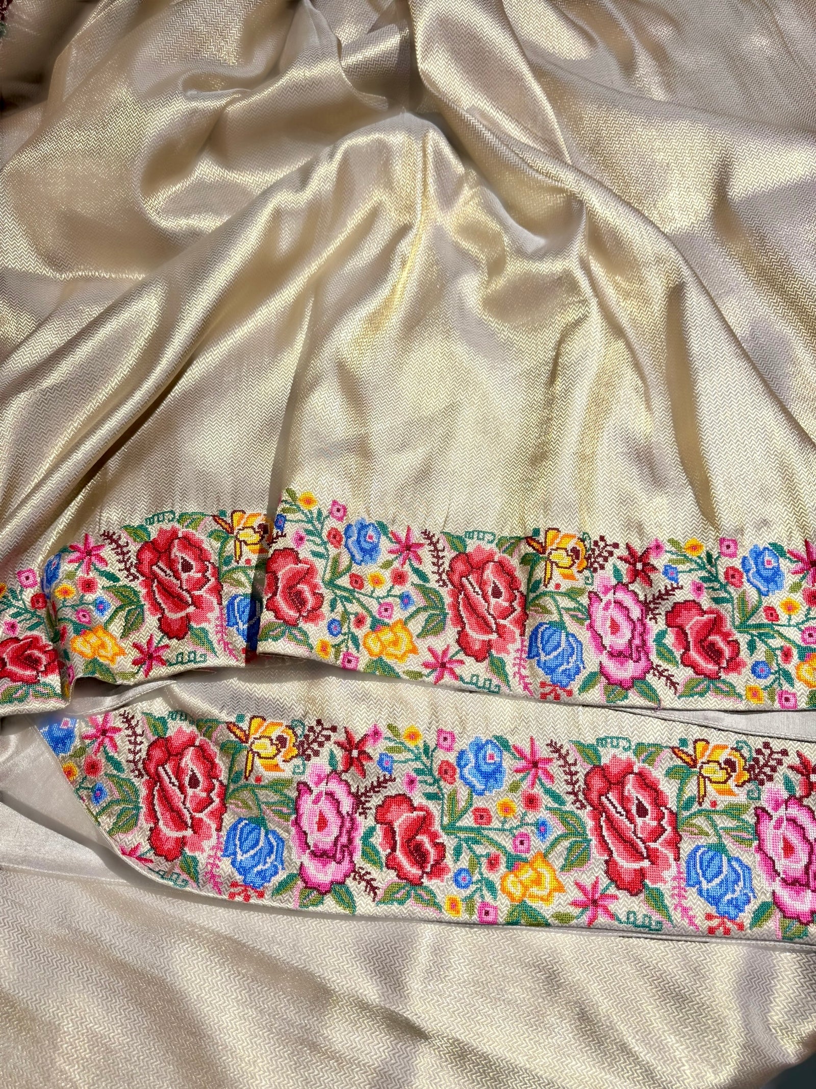 Beigish Taupe Green Kanchi Brocade Tissue Saree with Petite Point Embroidered Border