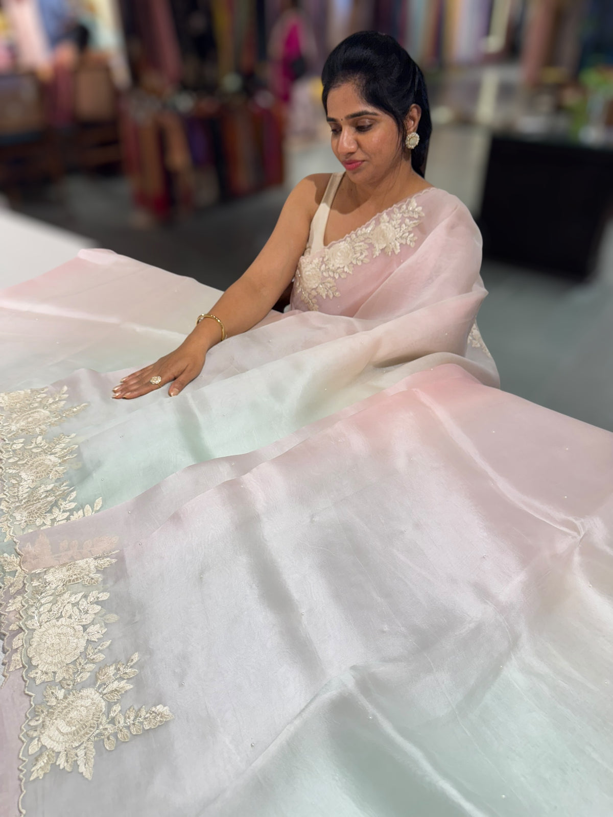 Ombre dyed Pure Organza Saree with parsi gara embroidery