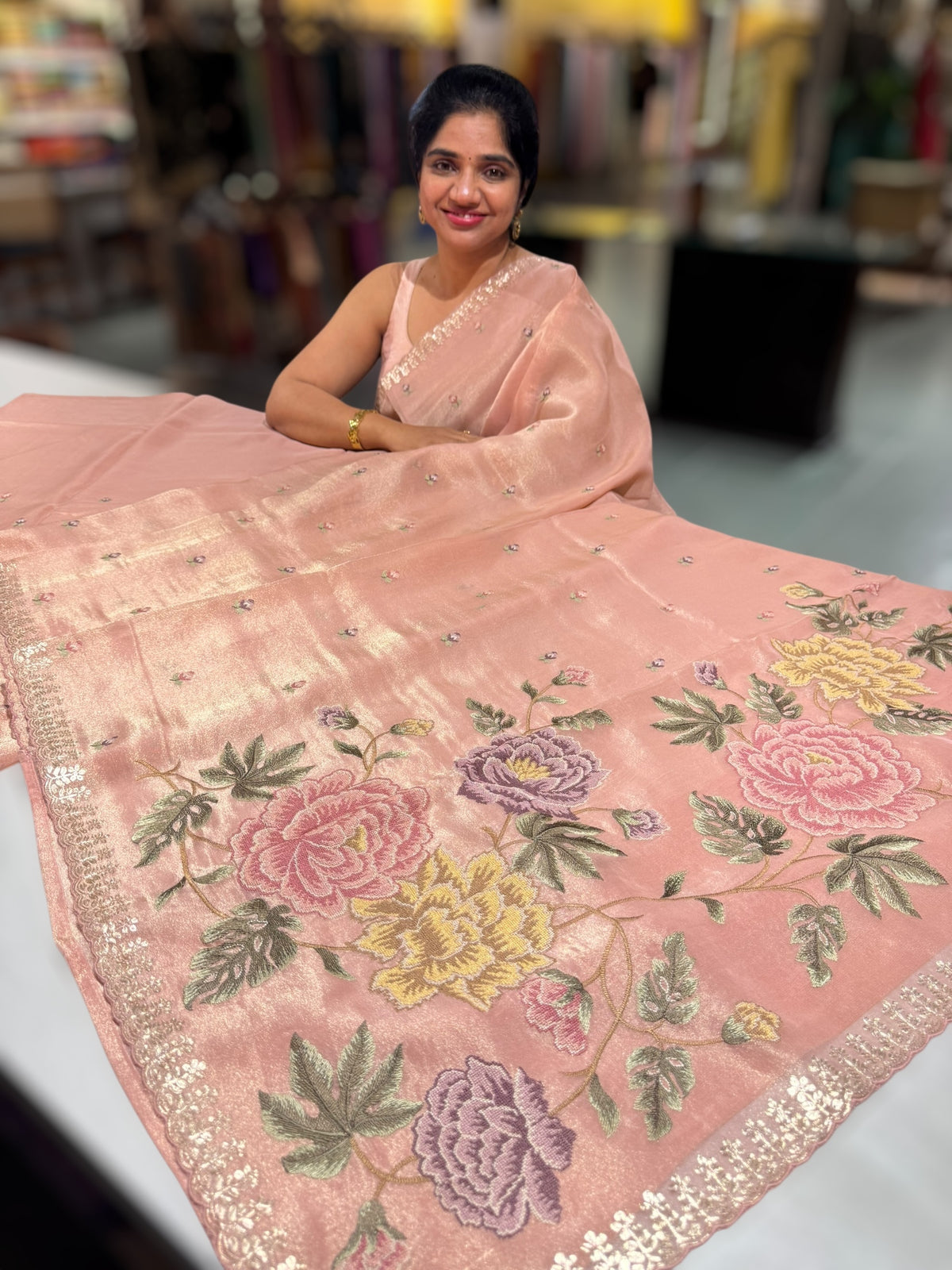 Peach Pink Tissue Georgette Saree with petite point emb