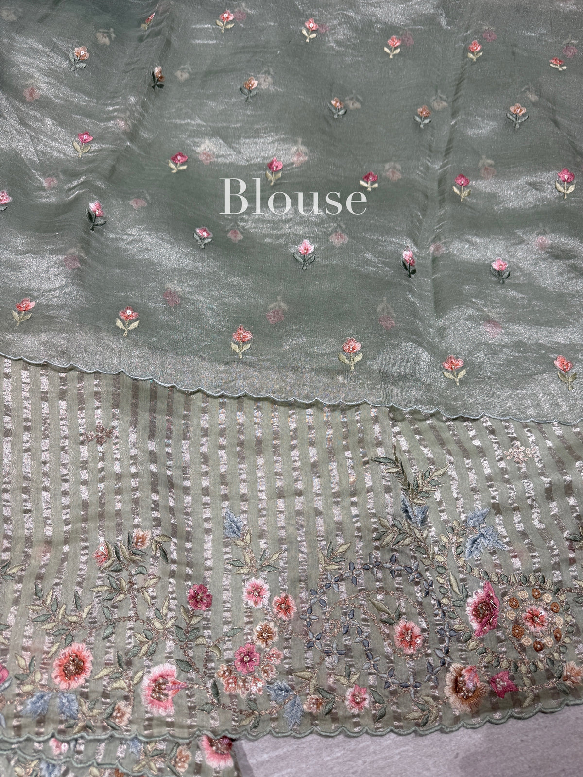 Mint mul tissue Saree with handcrafted floral border : SM024