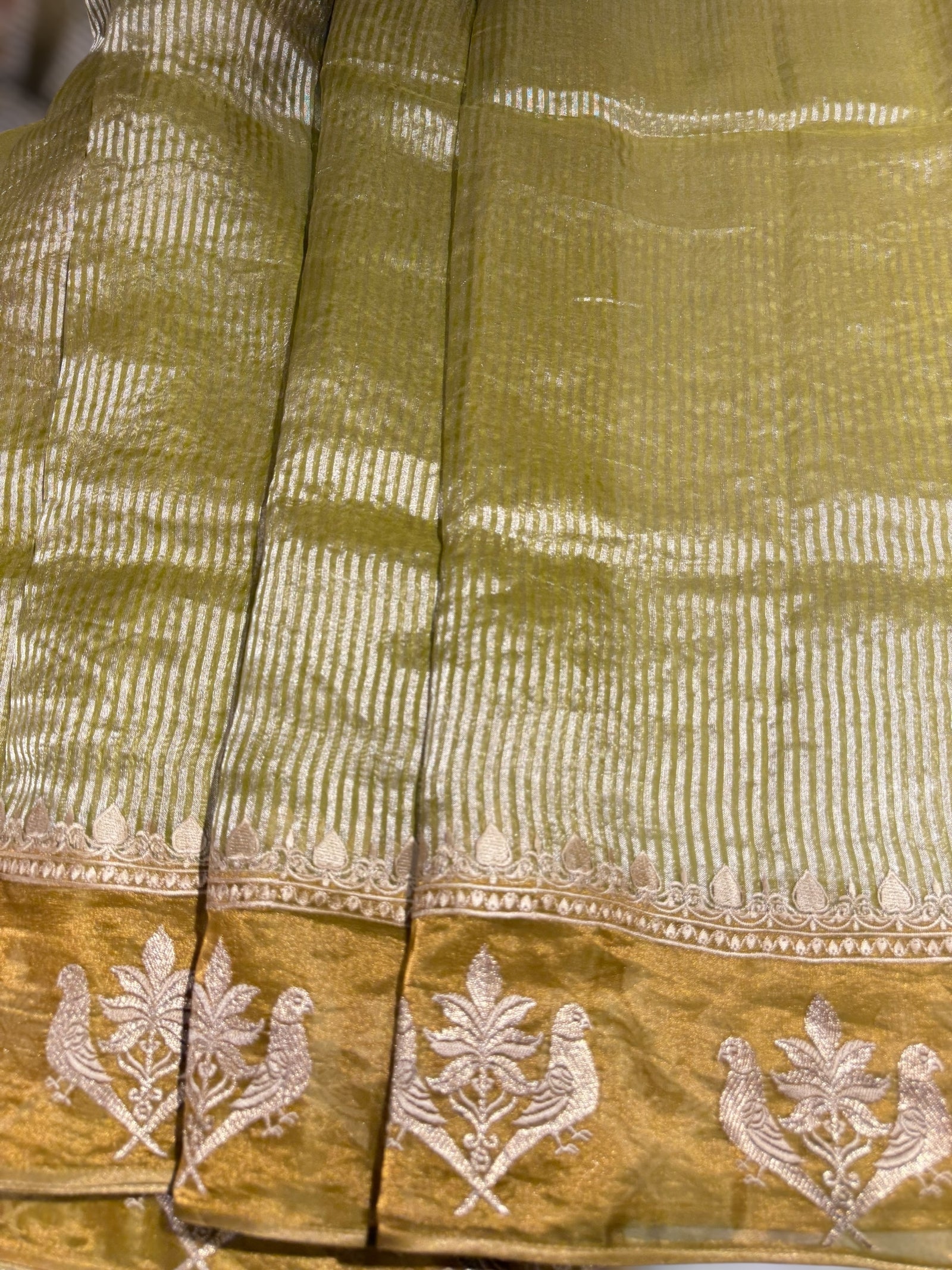 Lime Green Kora tissue stripes Saree with embroidery