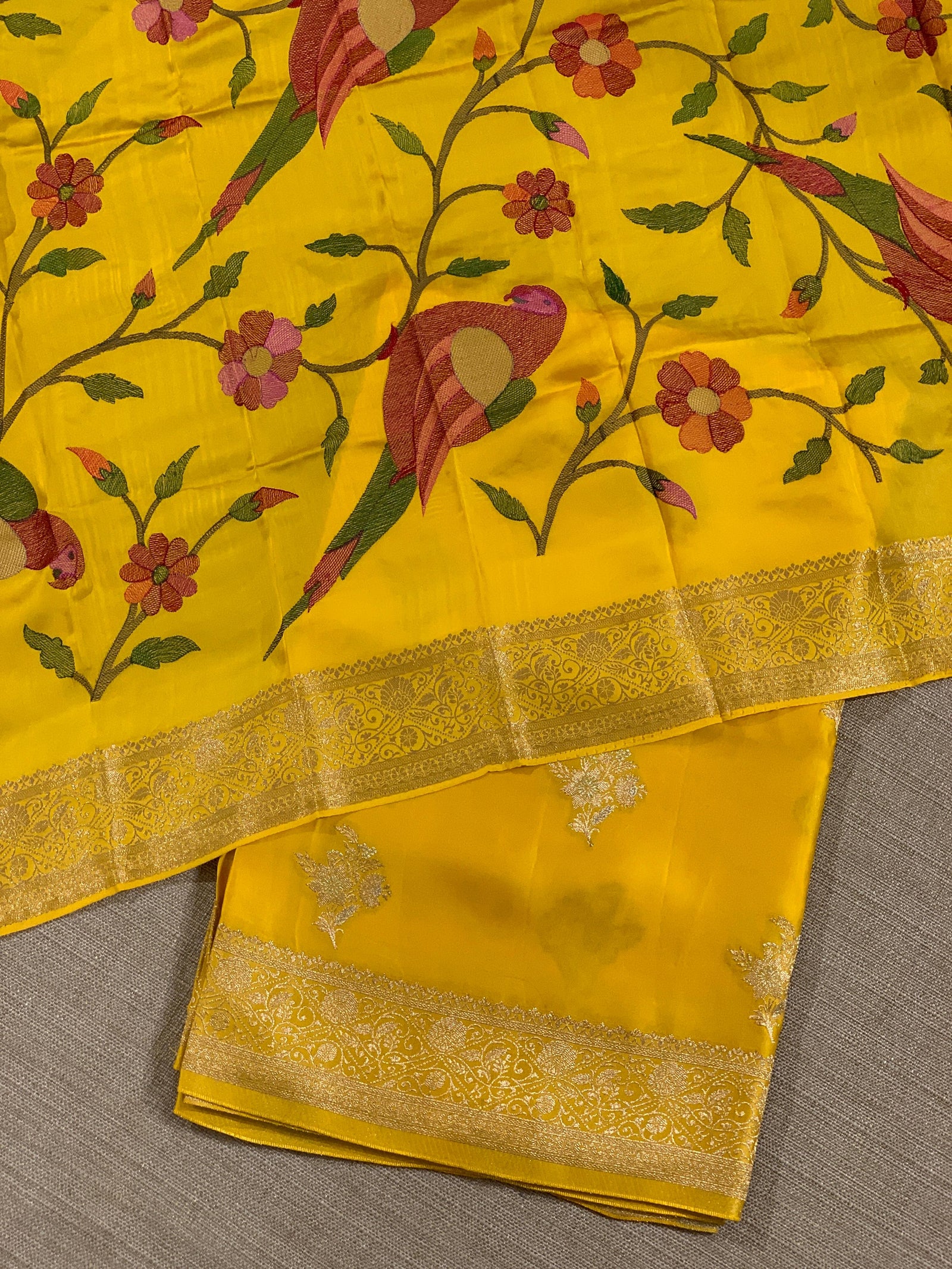 Mango Yellow Mashru Silk Saree with Paithani inspired embroidered blouse