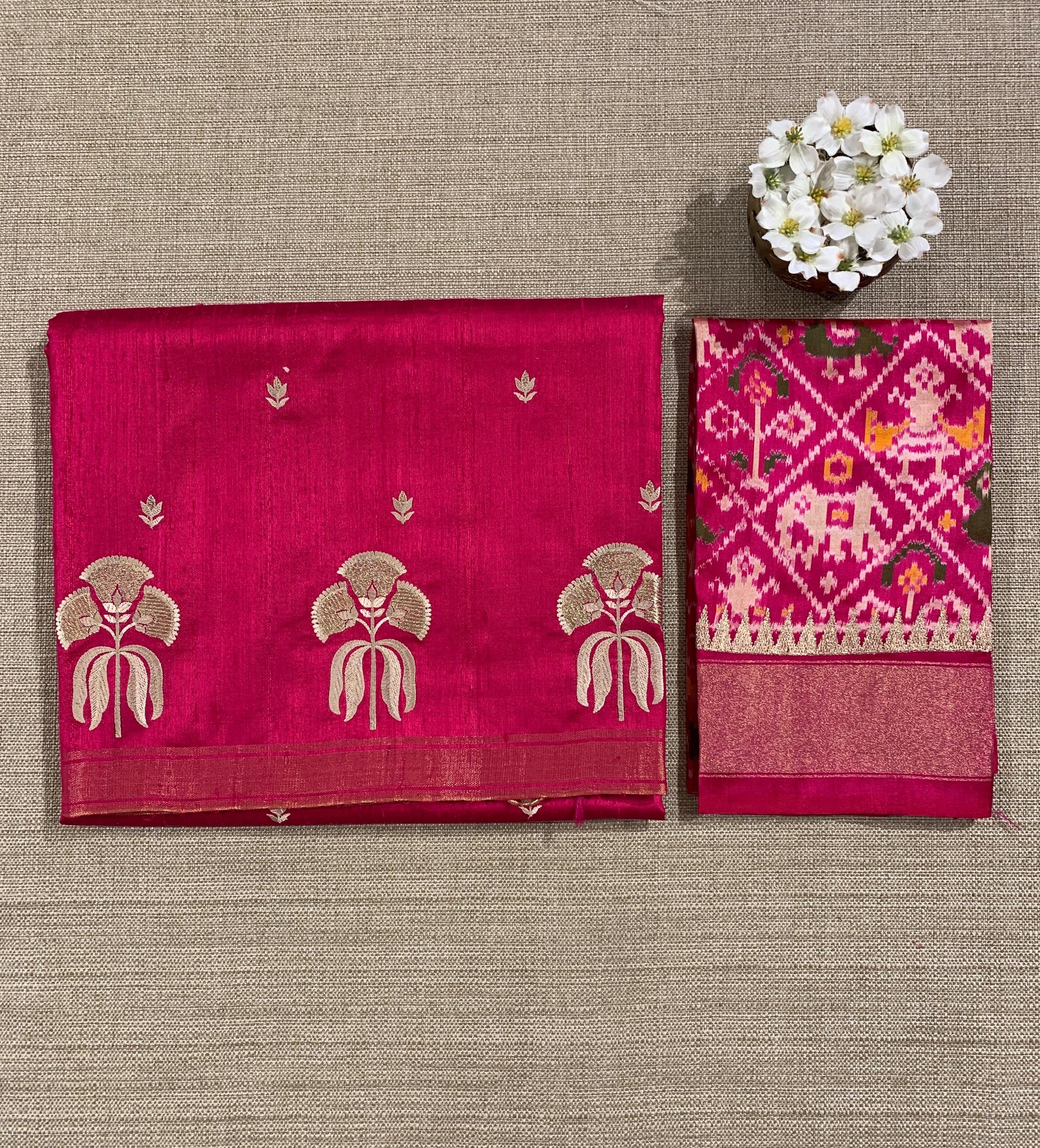 Dark Pink Pure Handloom Raw Silk Saree