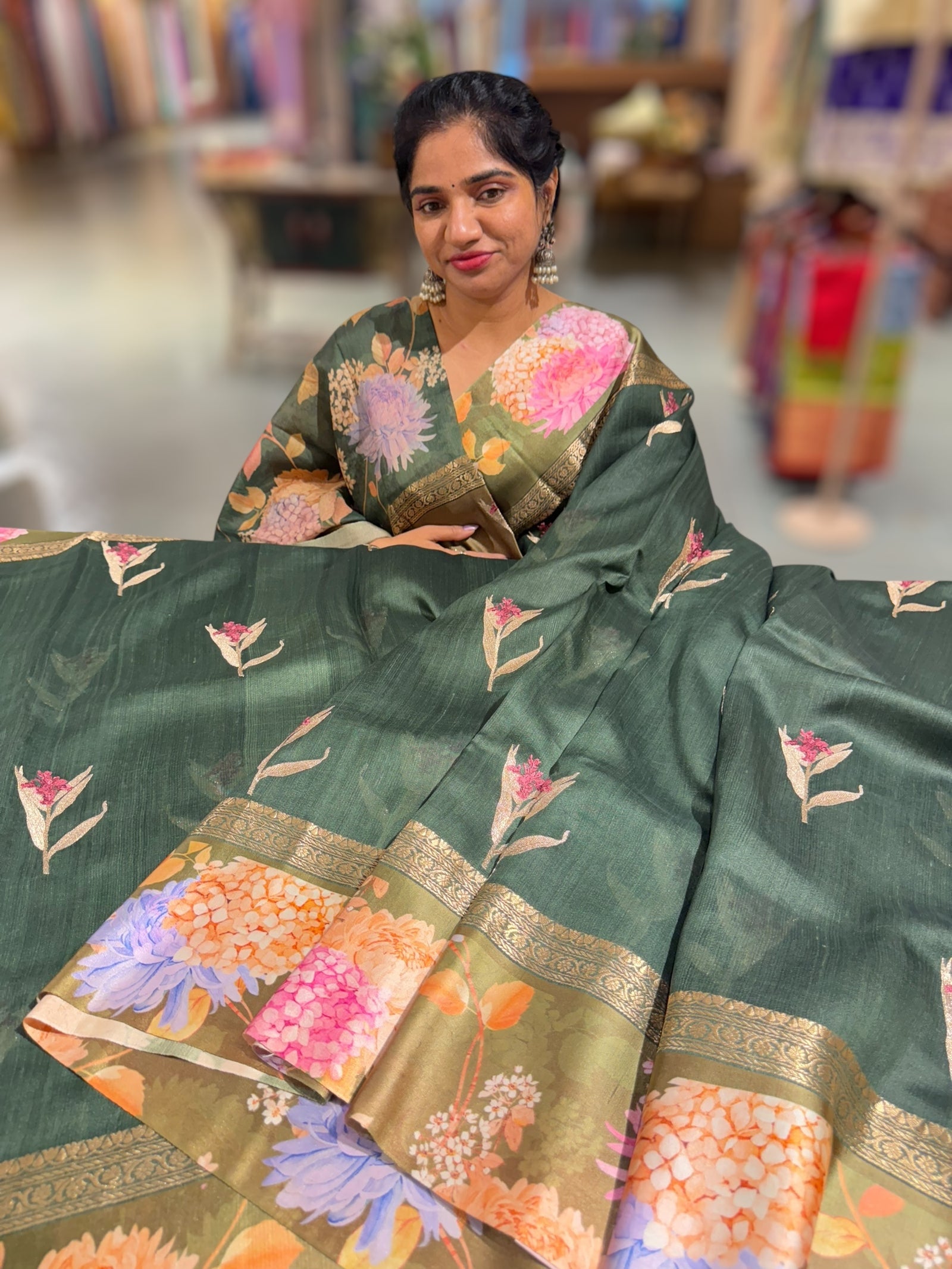 Forest Green Tussar Dhupion Saree with Floral printed mashru borders