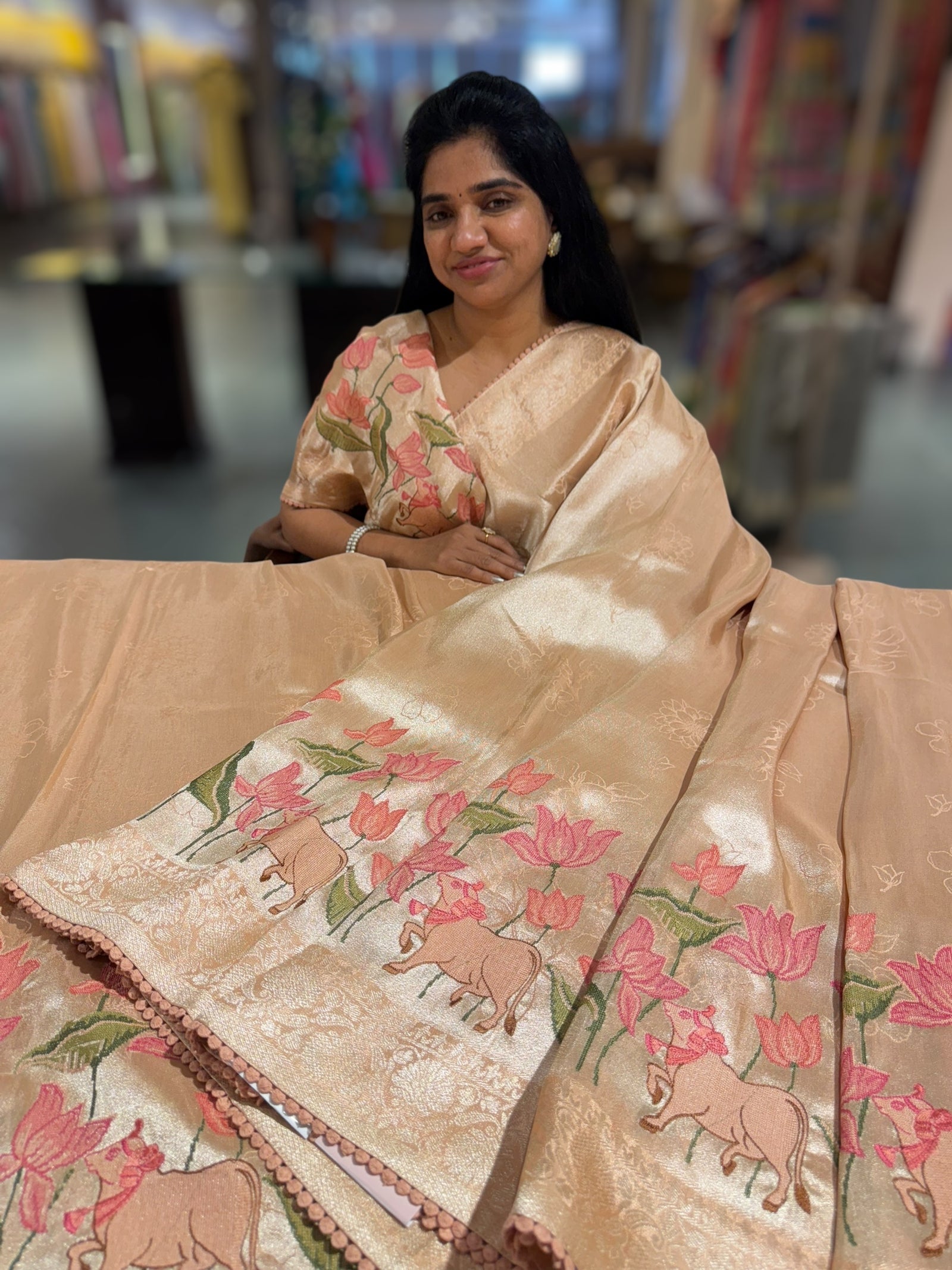 Peach Banarasi Brocade tissue saree with pichwai embroidery