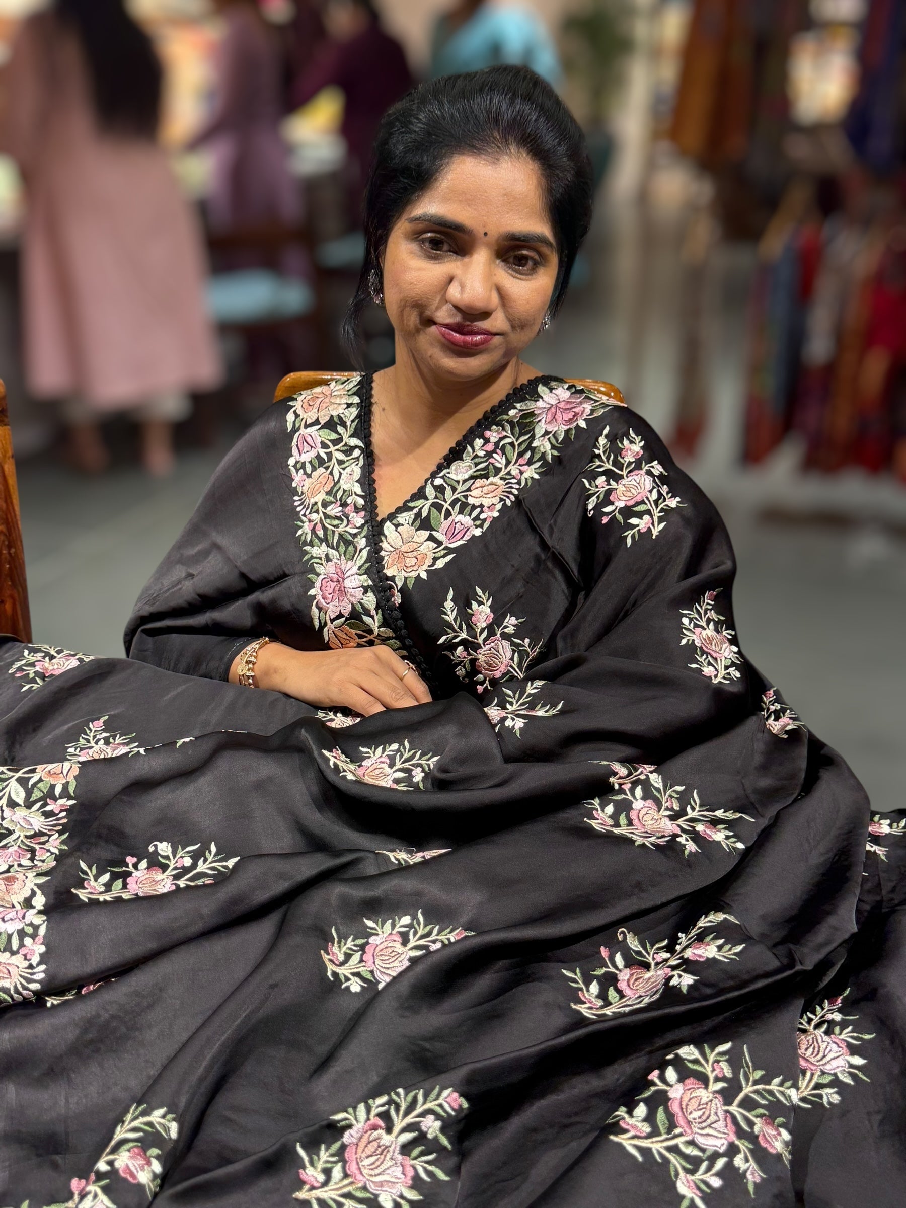 Black Satin Saree with Parsi Gara embroidery