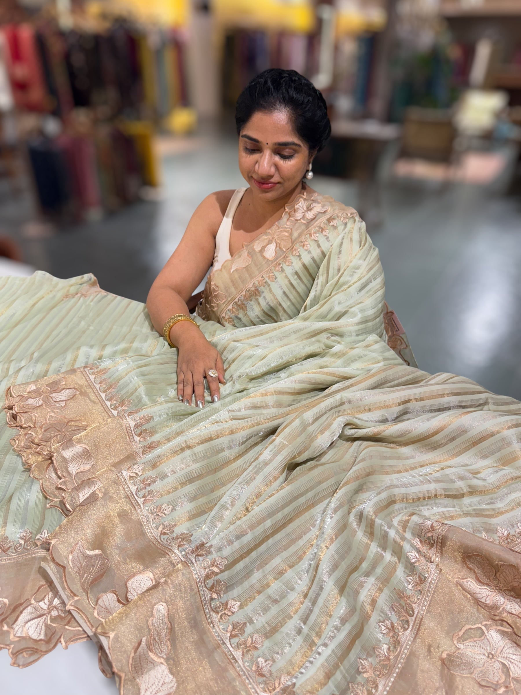 Mint Green Mul Tissue Stripes Saree With Tissue Cutwork  Border & Blouse