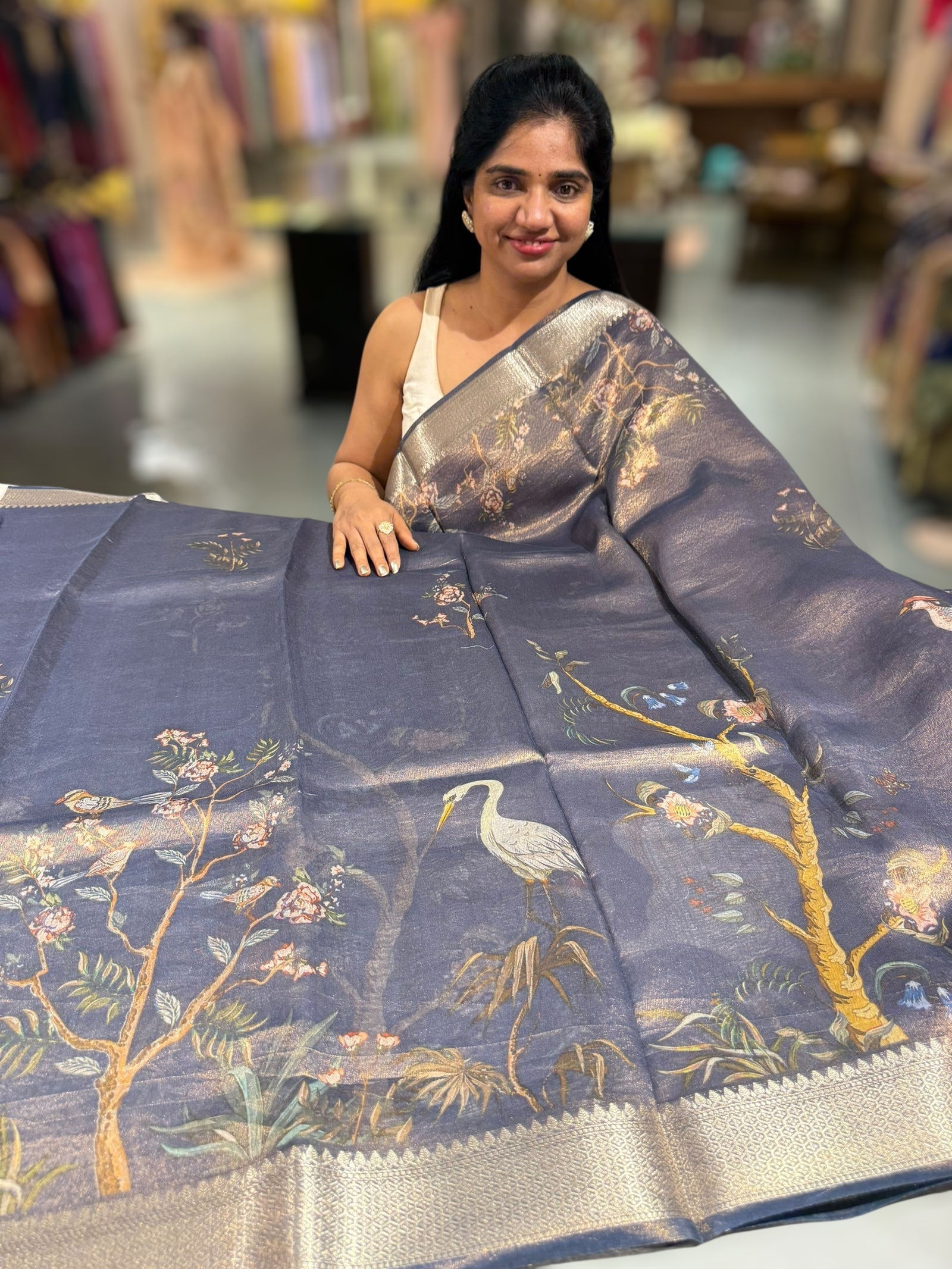 Midnight Blue Printed Banarasi Cotton Tissue