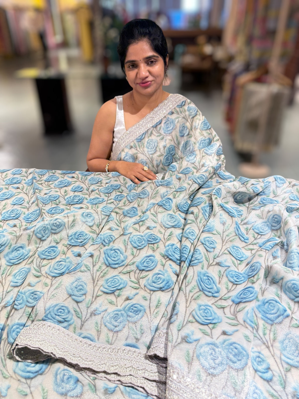 Silver base Tissue Georgette Saree