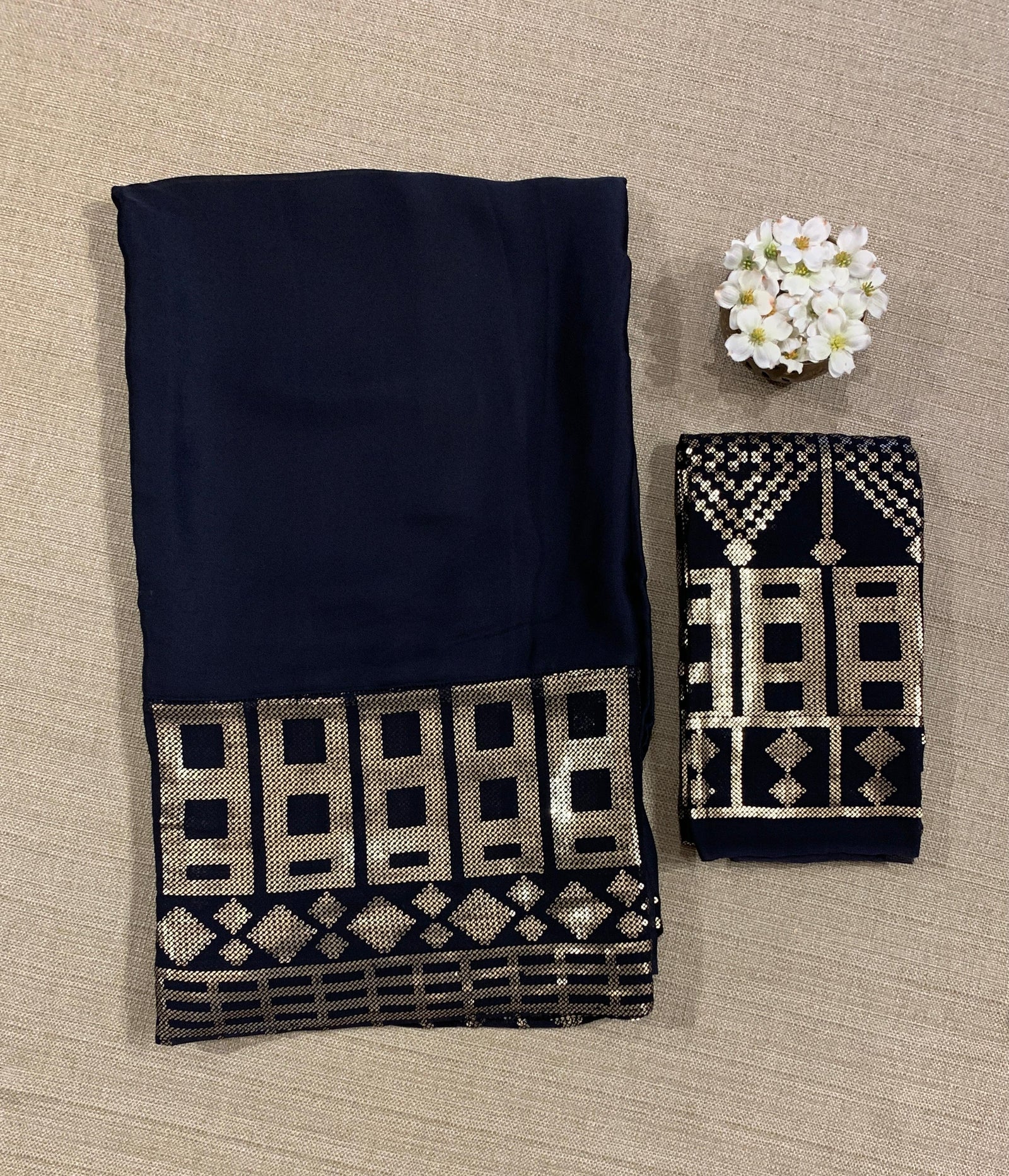 Navy pure Satin Saree with designer sequence border and blouse