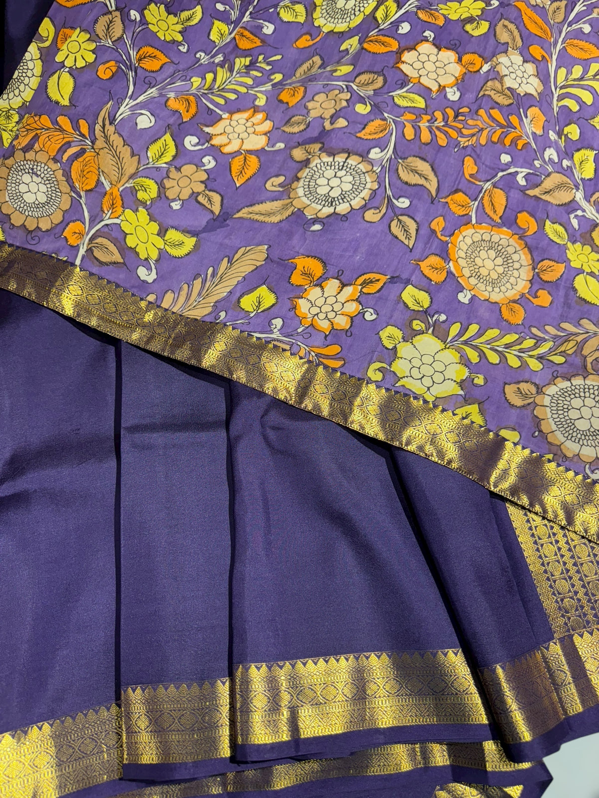 Violet vintage Kanchipuram silk saree with pen kalamkari blouse