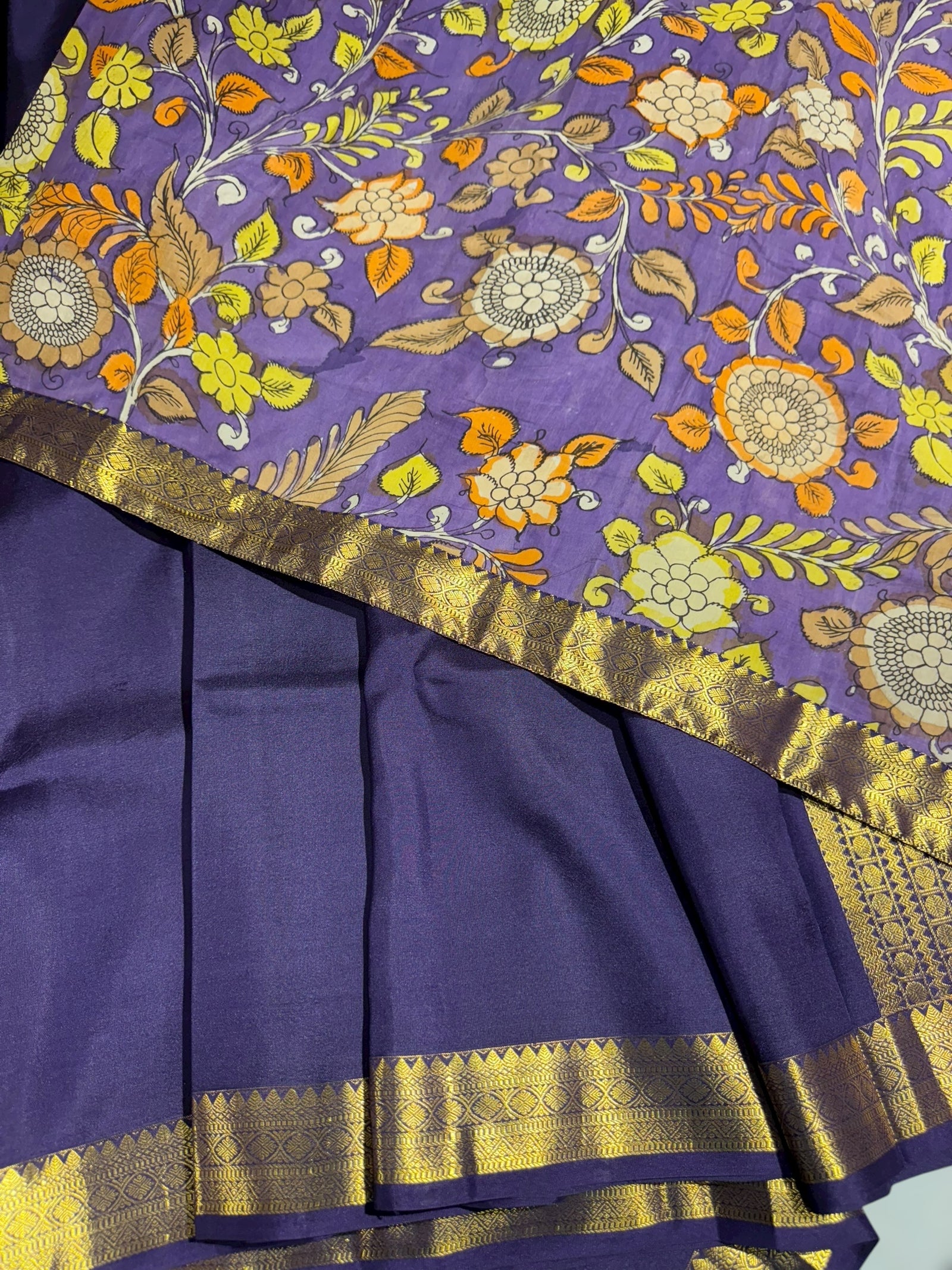 Violet vintage Kanchipuram silk saree with pen kalamkari blouse