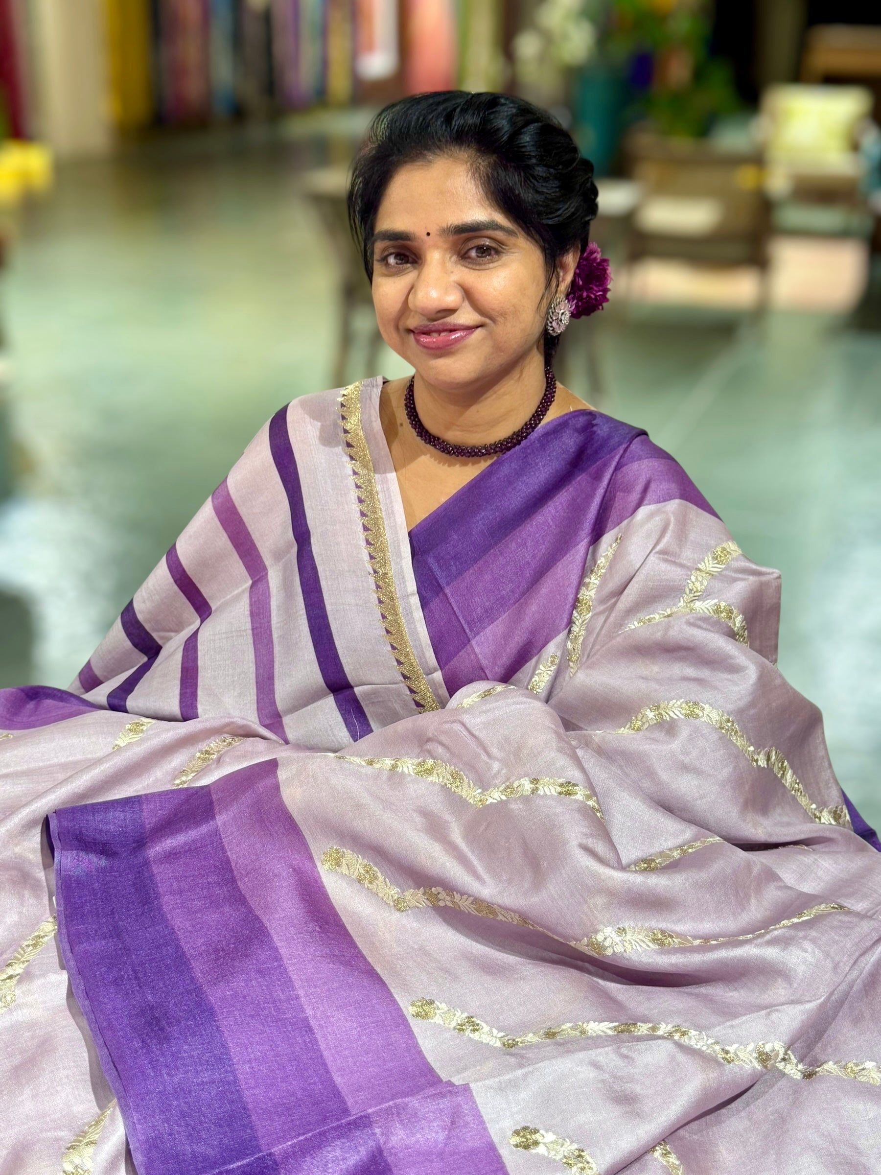 Lilac Embroidered Tussar Saree