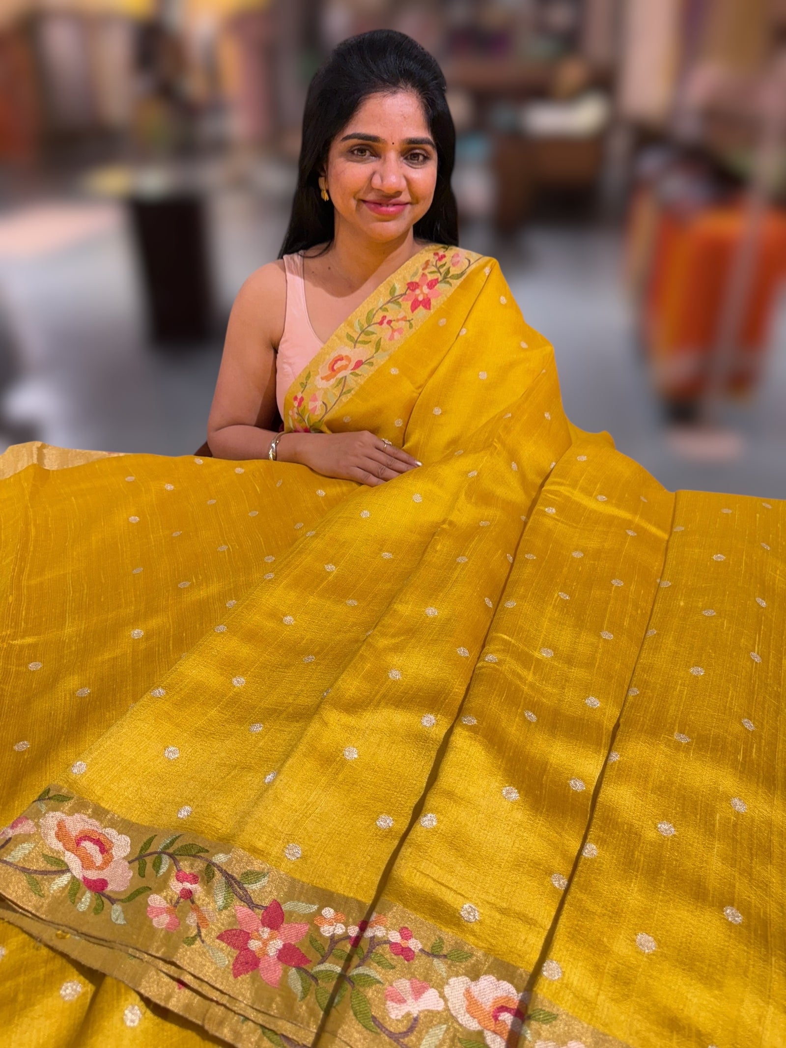 Mango Yellow Raw Silk Saree with Embroidery