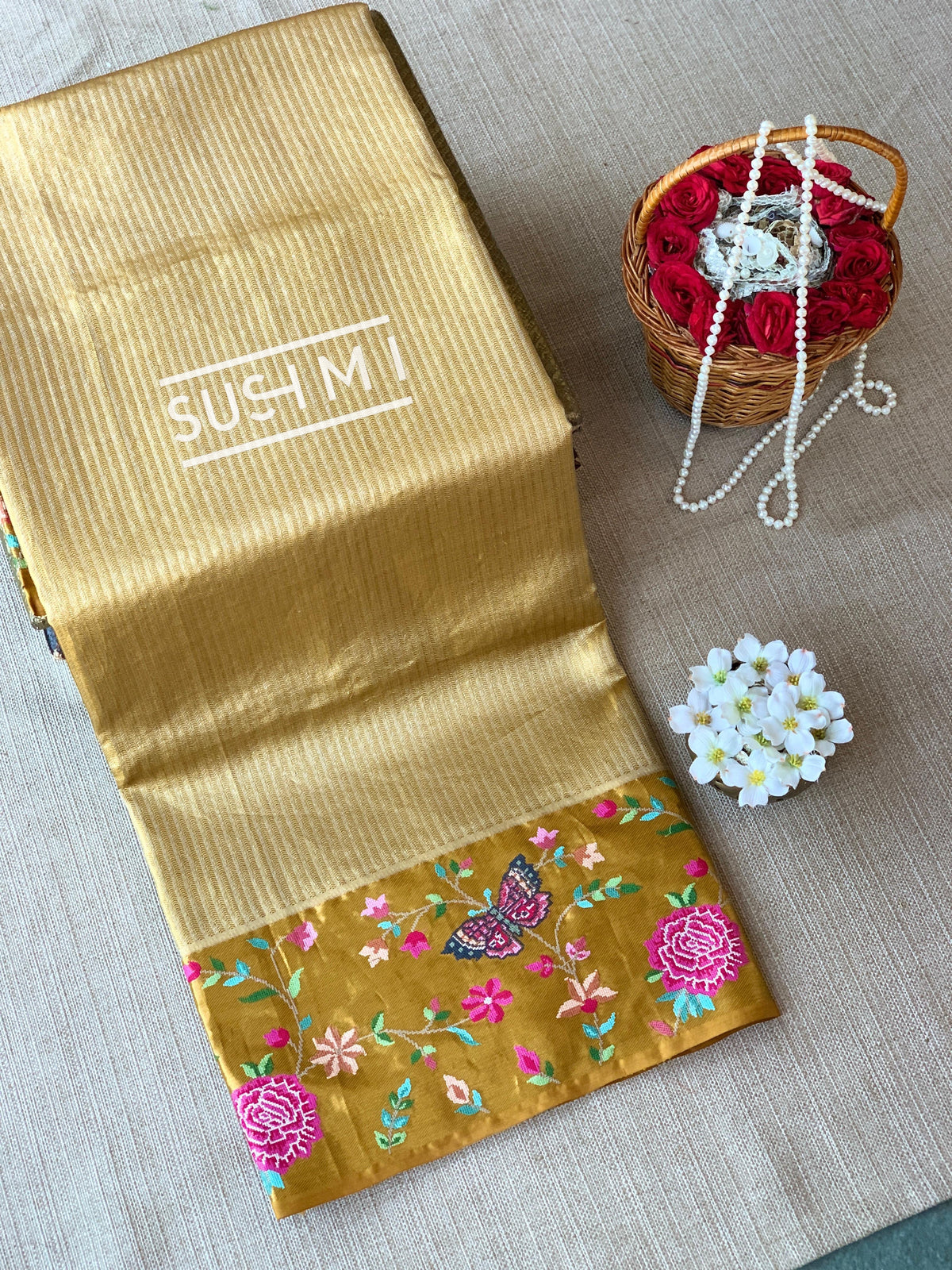 Gold Kanjeevaram Tissue Sareewith petite point embroidery : S62F086