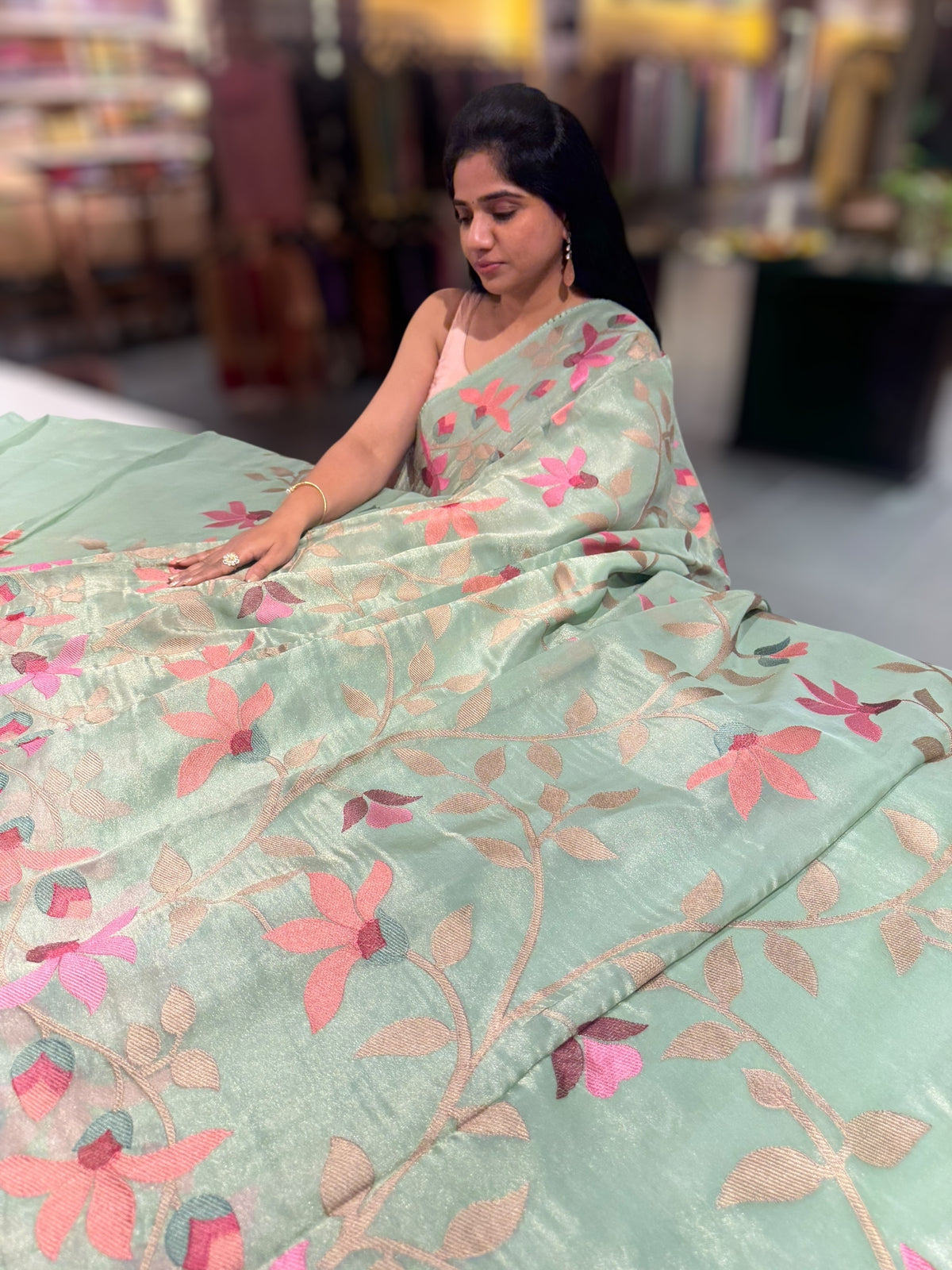 Mint Peach Tissue georgette saree with embroidery