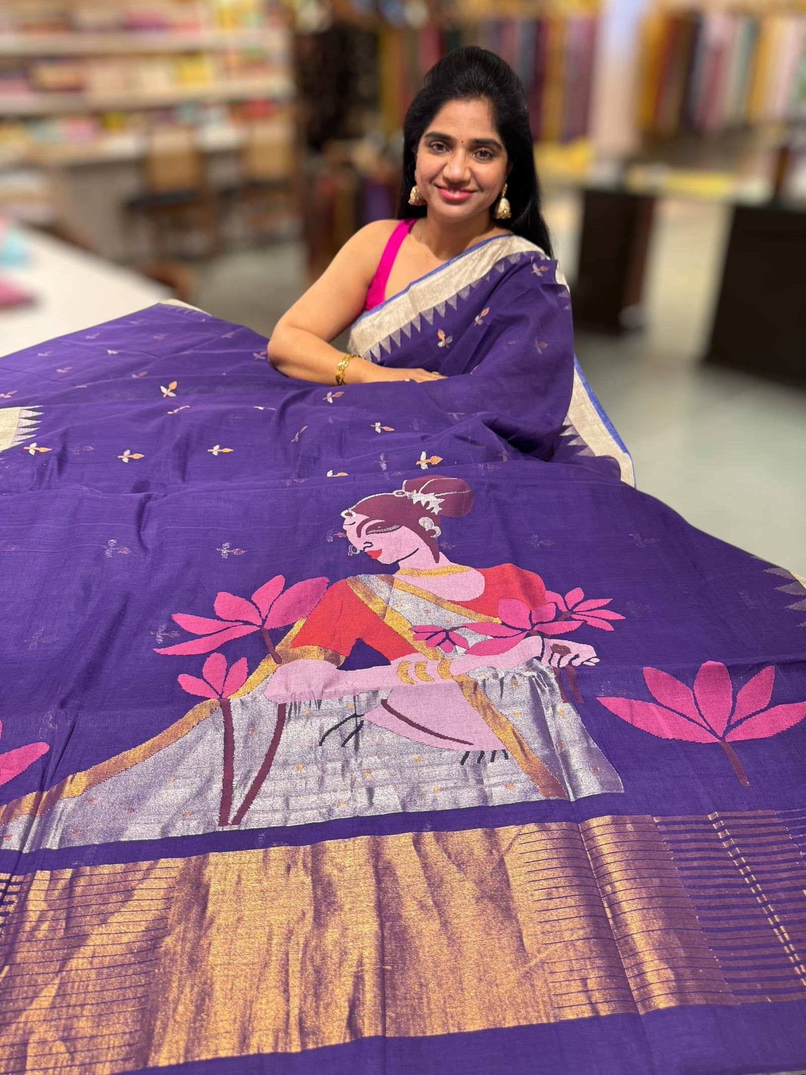 Violet Pure  handloom Ponduru Khadi jamdani Saree with designer pallu