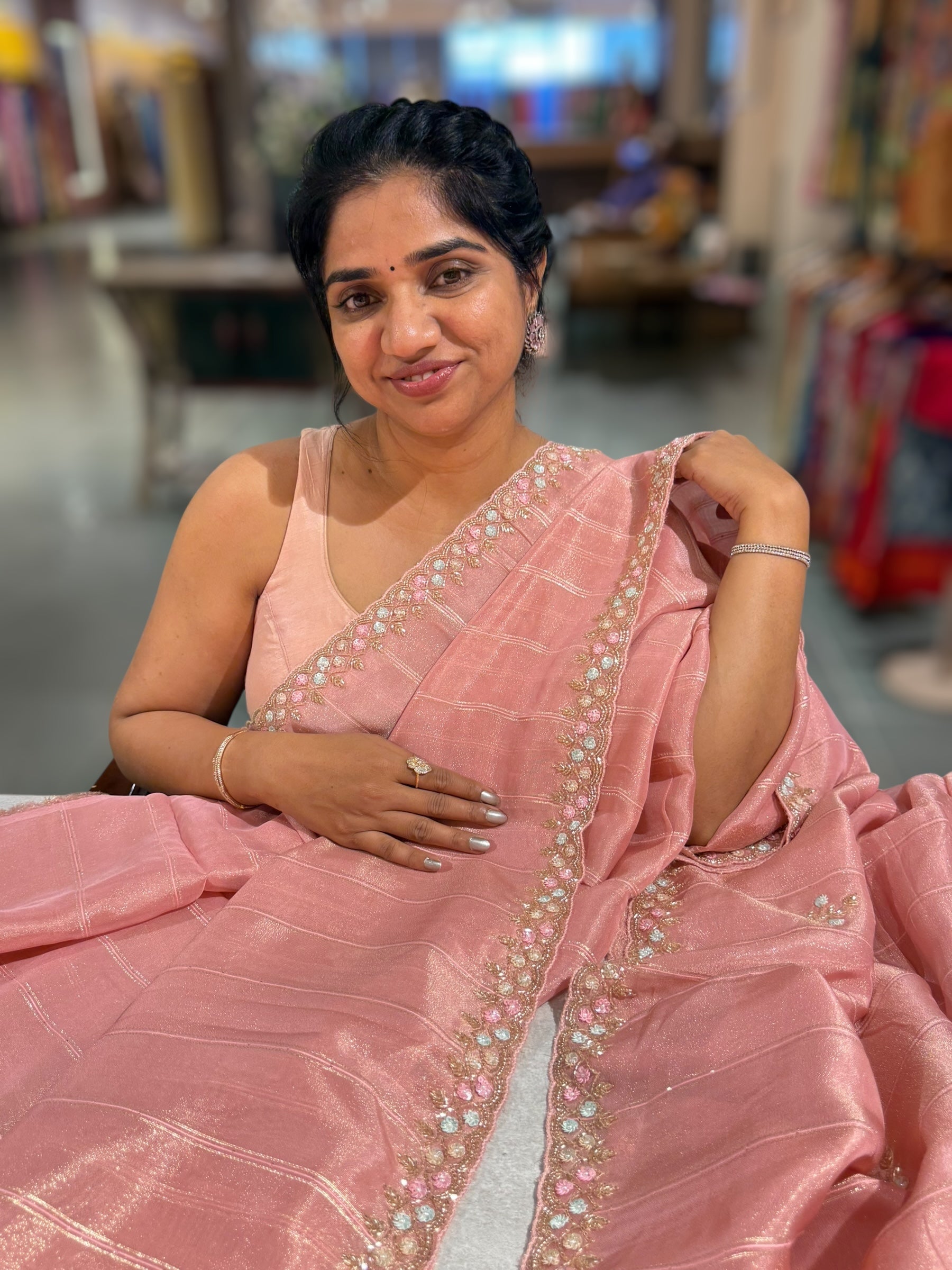 Tissue Gorgette Saree With Hanwork Border and Blouse.