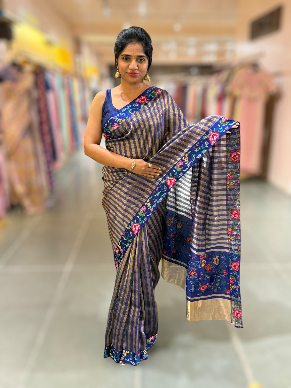 Blue Banarasi Tissue stripes Saree with petite point embroidery