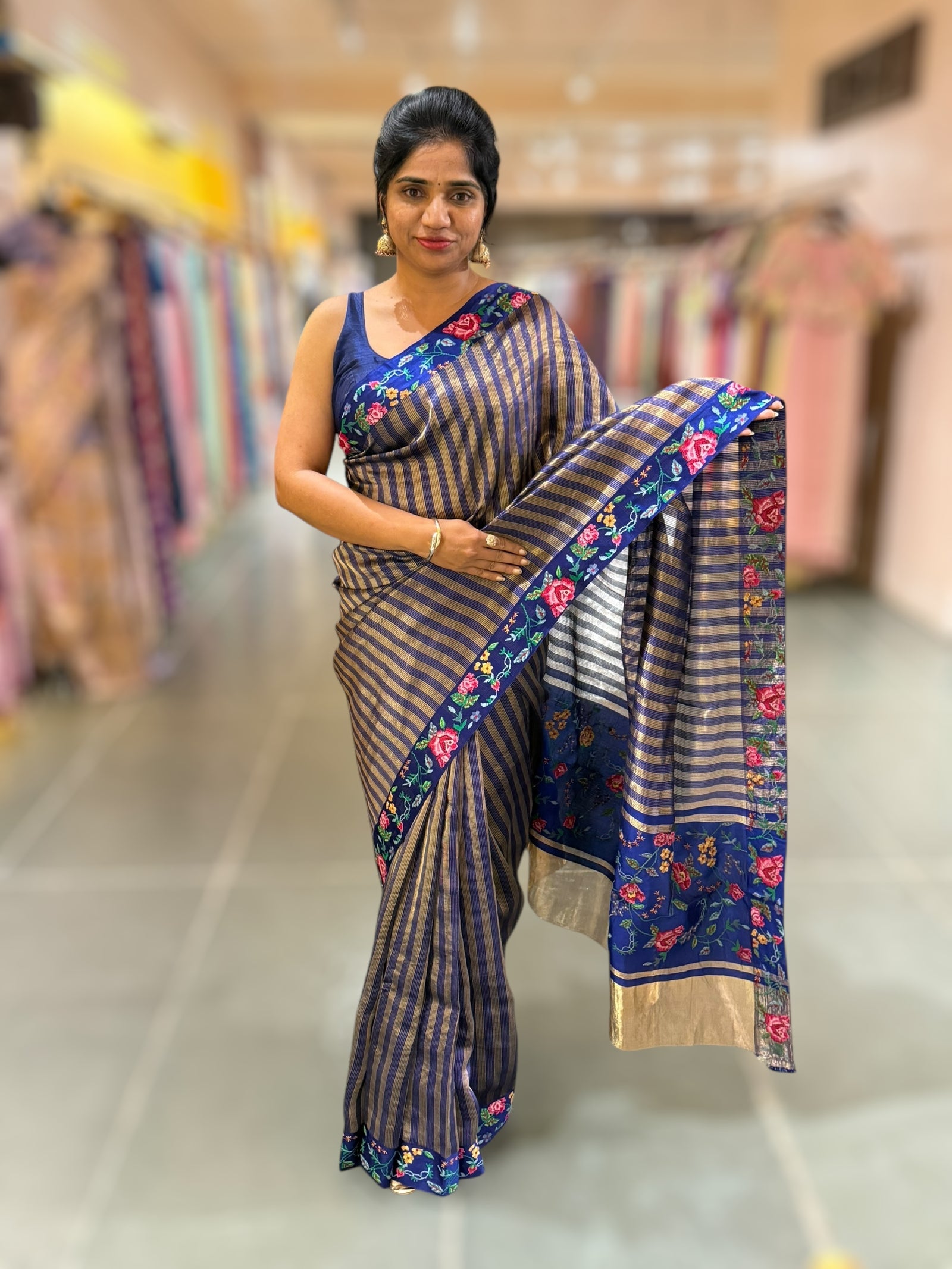 Blue Banarasi Tissue stripes Saree with petite point embroidery
