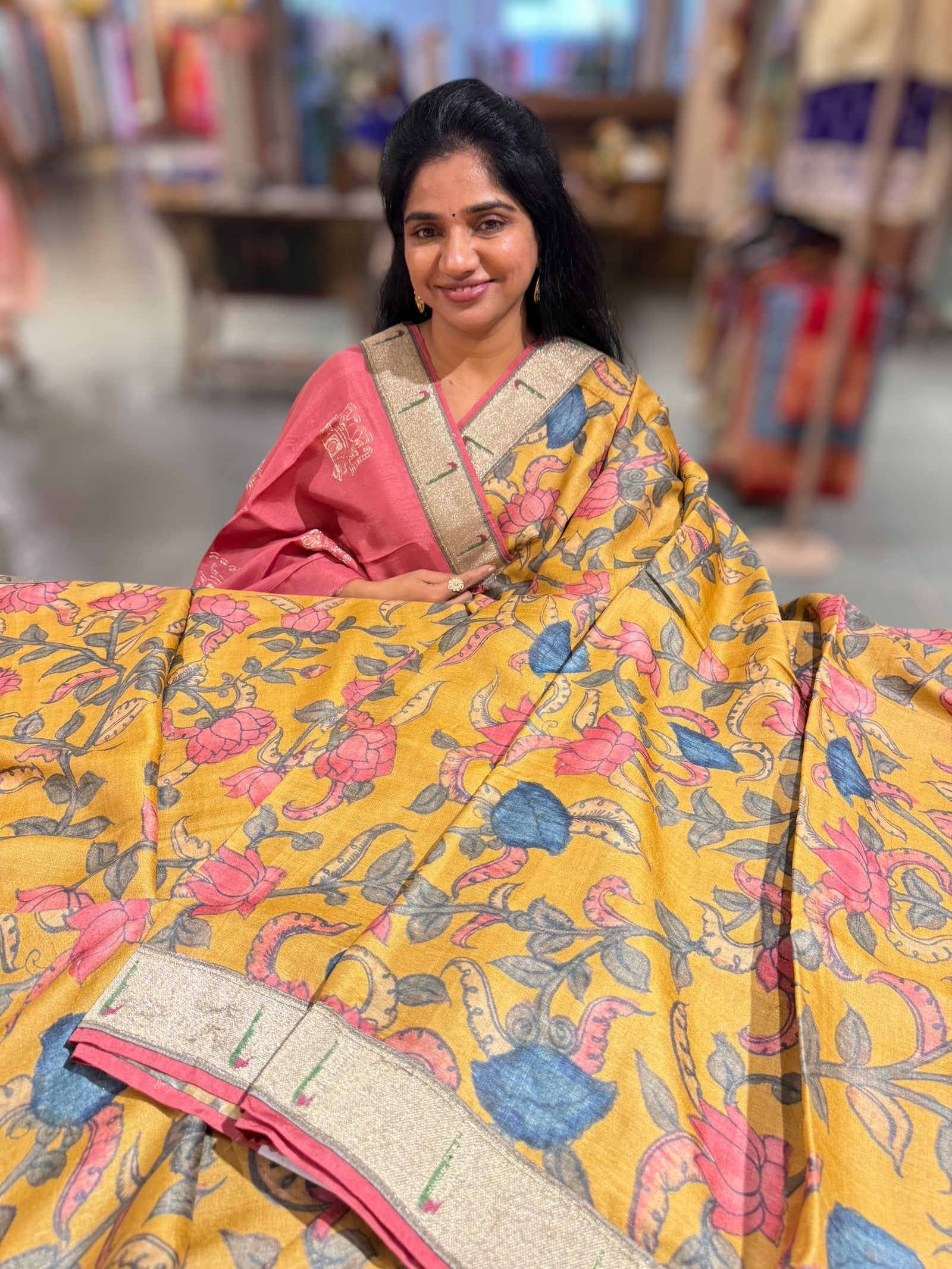 Pure Handloom Tussar kalamkari Saree with pythani single muniya borders